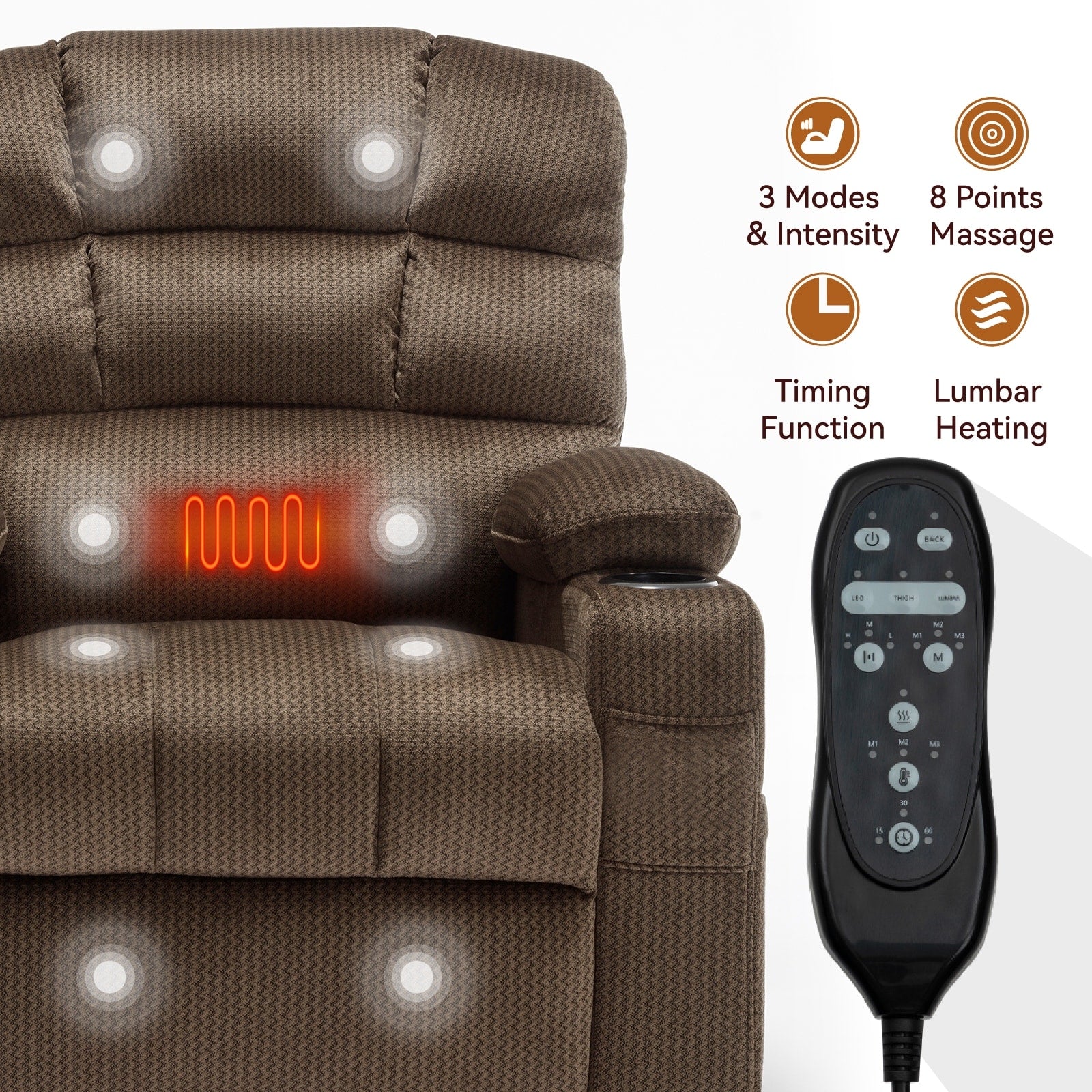 Fauteuil inclinable à levage électrique à 180° avec massage et chauffage, double porte-gobelets