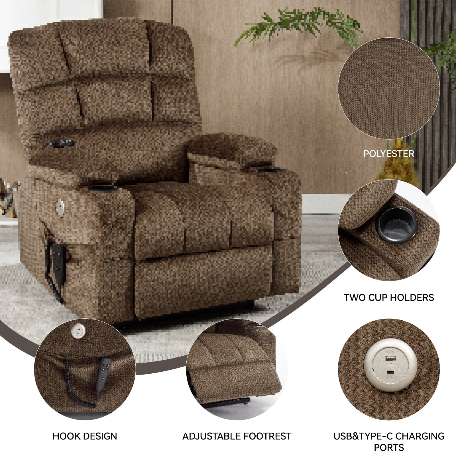 Fauteuil inclinable à levage électrique à 180° avec massage et chauffage, double porte-gobelets