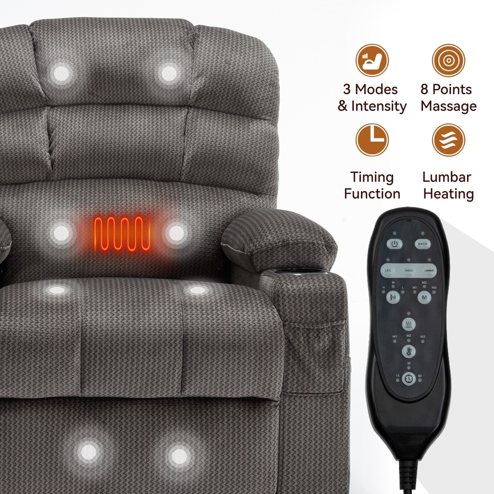 Fauteuil inclinable à levage électrique à 180° avec massage et chauffage, double porte-gobelets