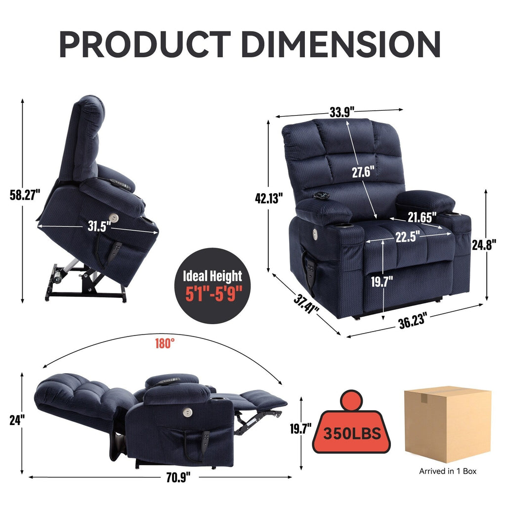 Fauteuil inclinable à levage électrique à 180° avec massage et chauffage, double porte-gobelets
