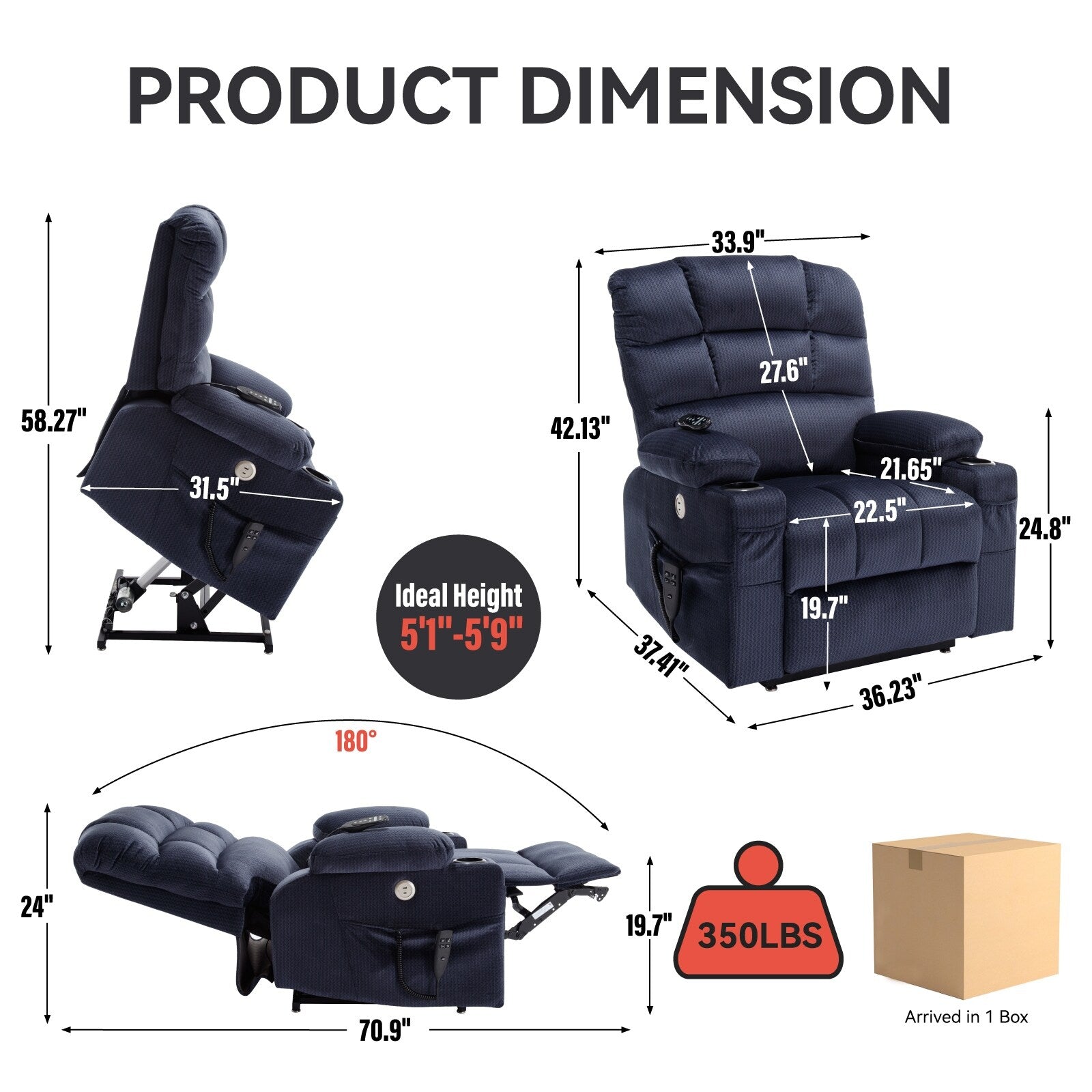Fauteuil inclinable à levage électrique à 180° avec massage et chauffage, double porte-gobelets