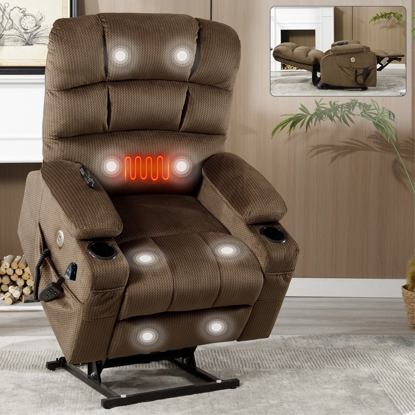 Fauteuil inclinable à levage électrique à 180° avec massage et chauffage, double porte-gobelets