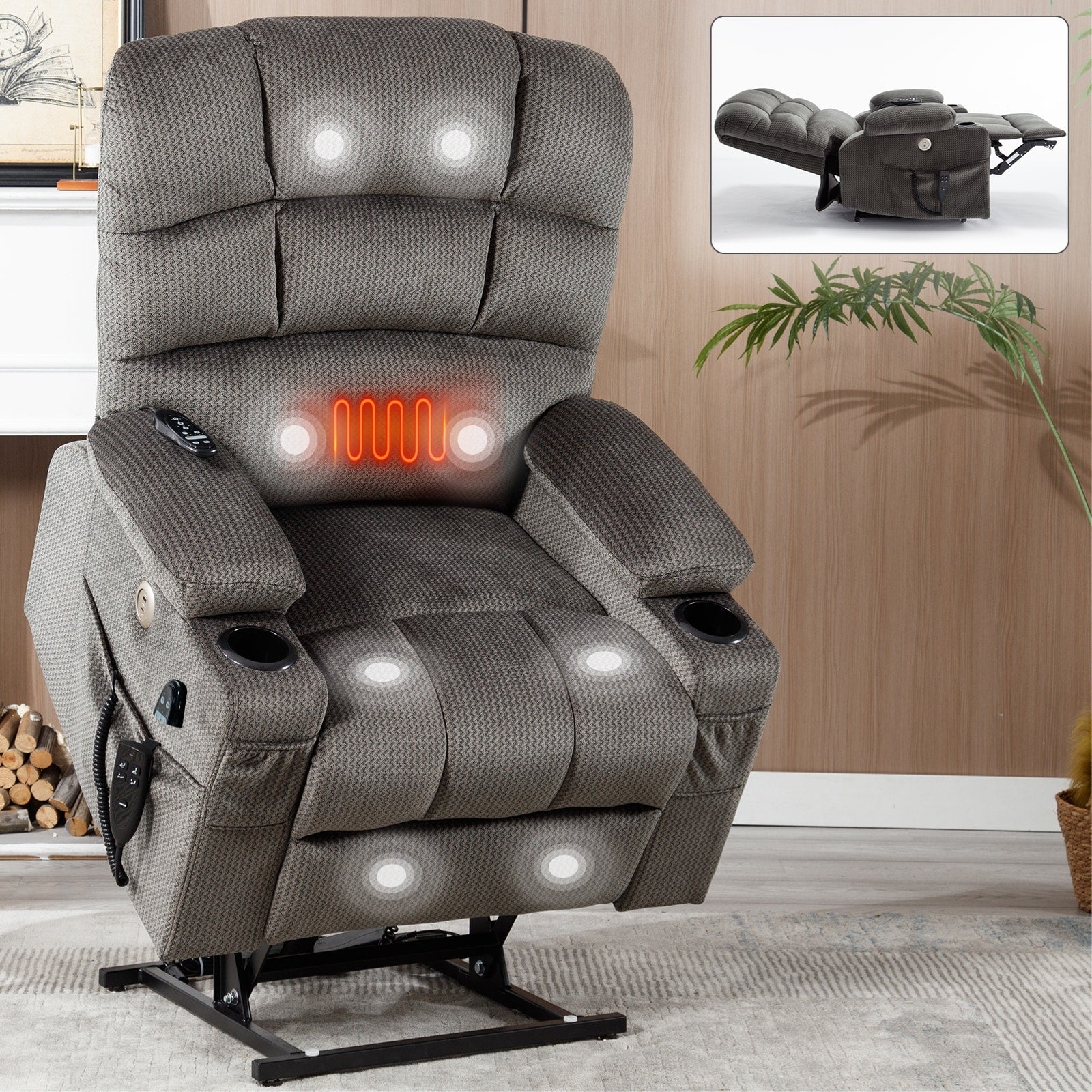 Fauteuil inclinable à levage électrique à 180° avec massage et chauffage, double porte-gobelets