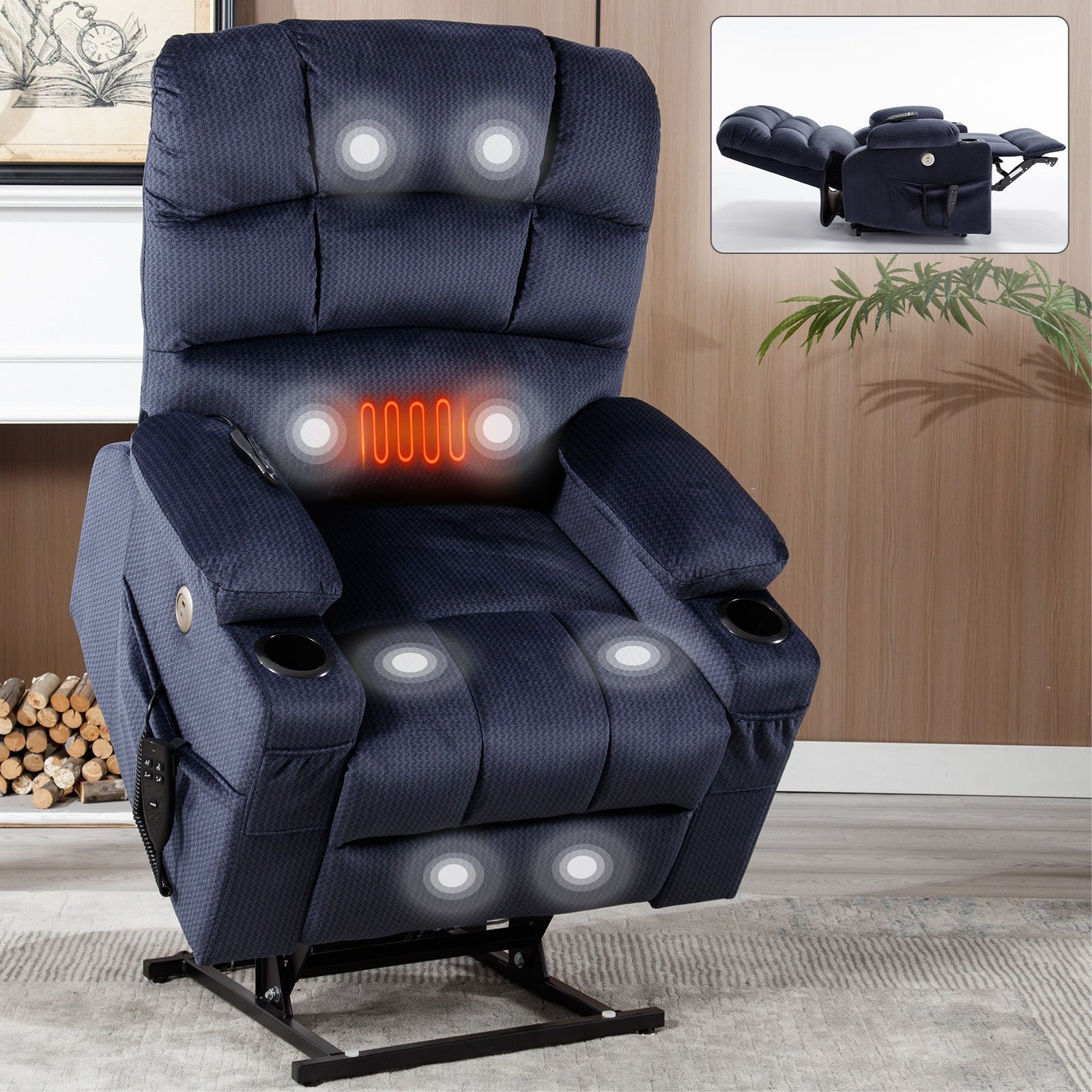 Fauteuil inclinable à levage électrique à 180° avec massage et chauffage, double porte-gobelets