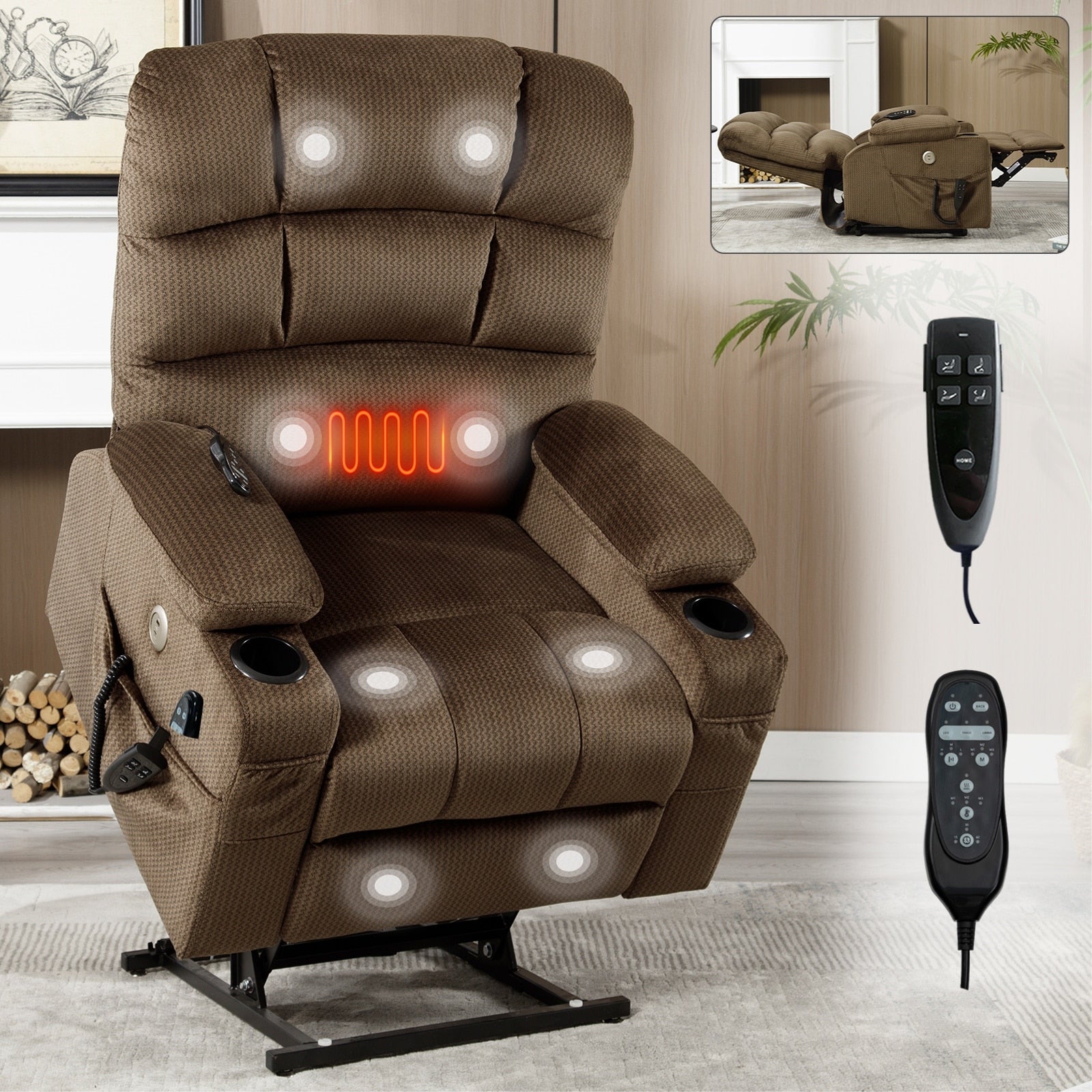 Fauteuil inclinable à levage électrique à 180° avec massage et chauffage, double porte-gobelets