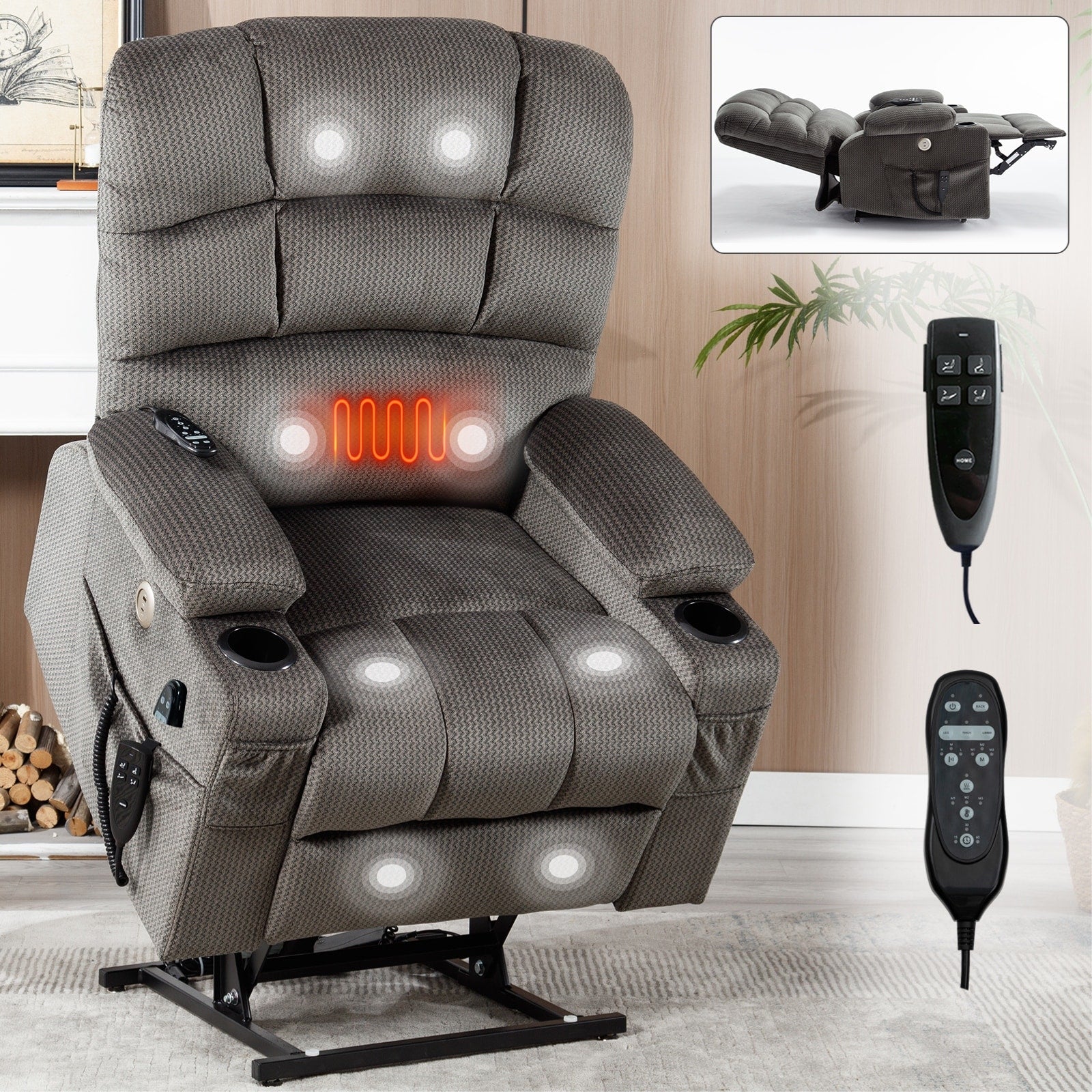 Fauteuil inclinable à levage électrique à 180° avec massage et chauffage, double porte-gobelets