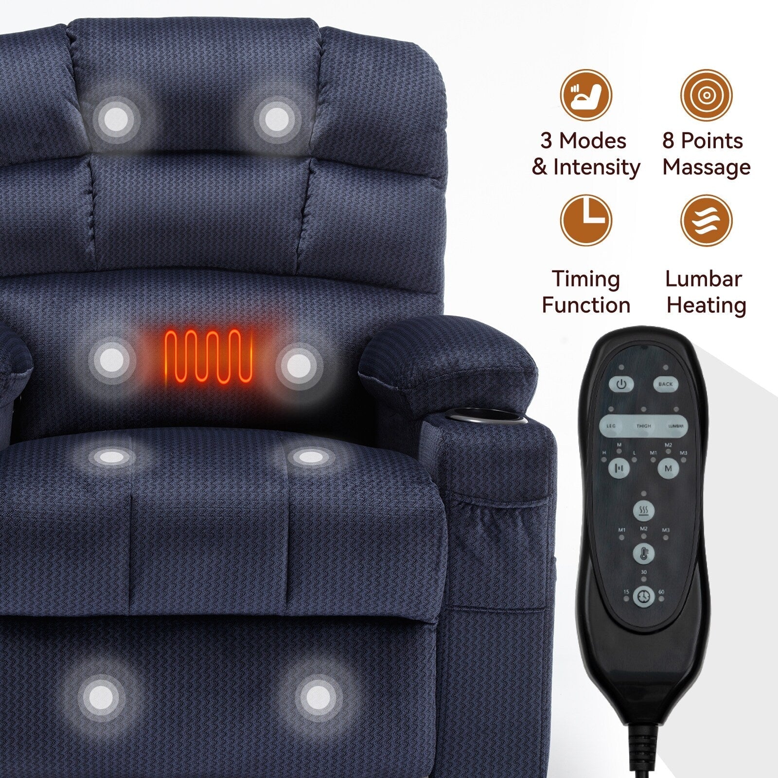 Fauteuil inclinable à levage électrique à 180° avec massage et chauffage, double porte-gobelets