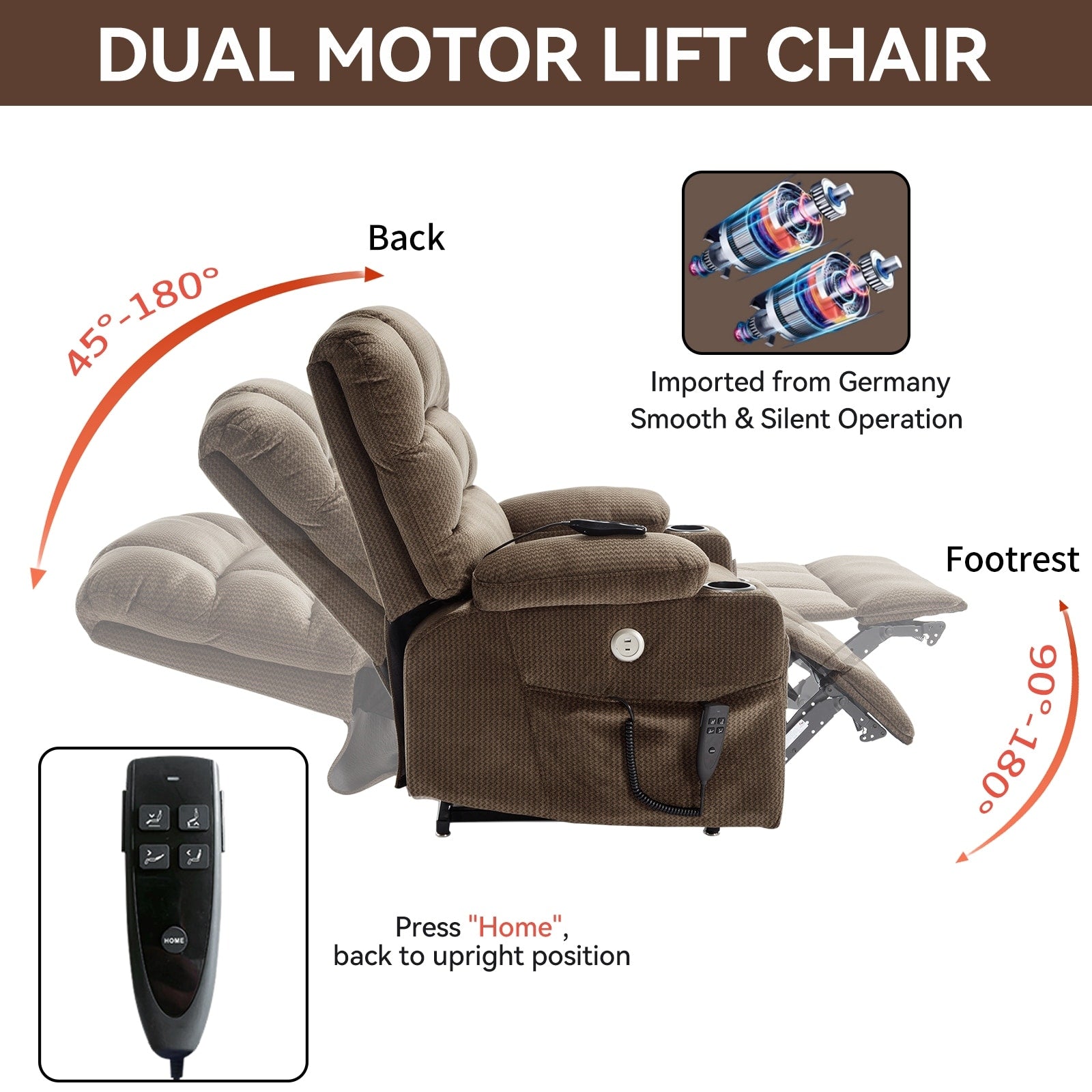 Fauteuil inclinable à levage électrique à 180° avec massage et chauffage, double porte-gobelets