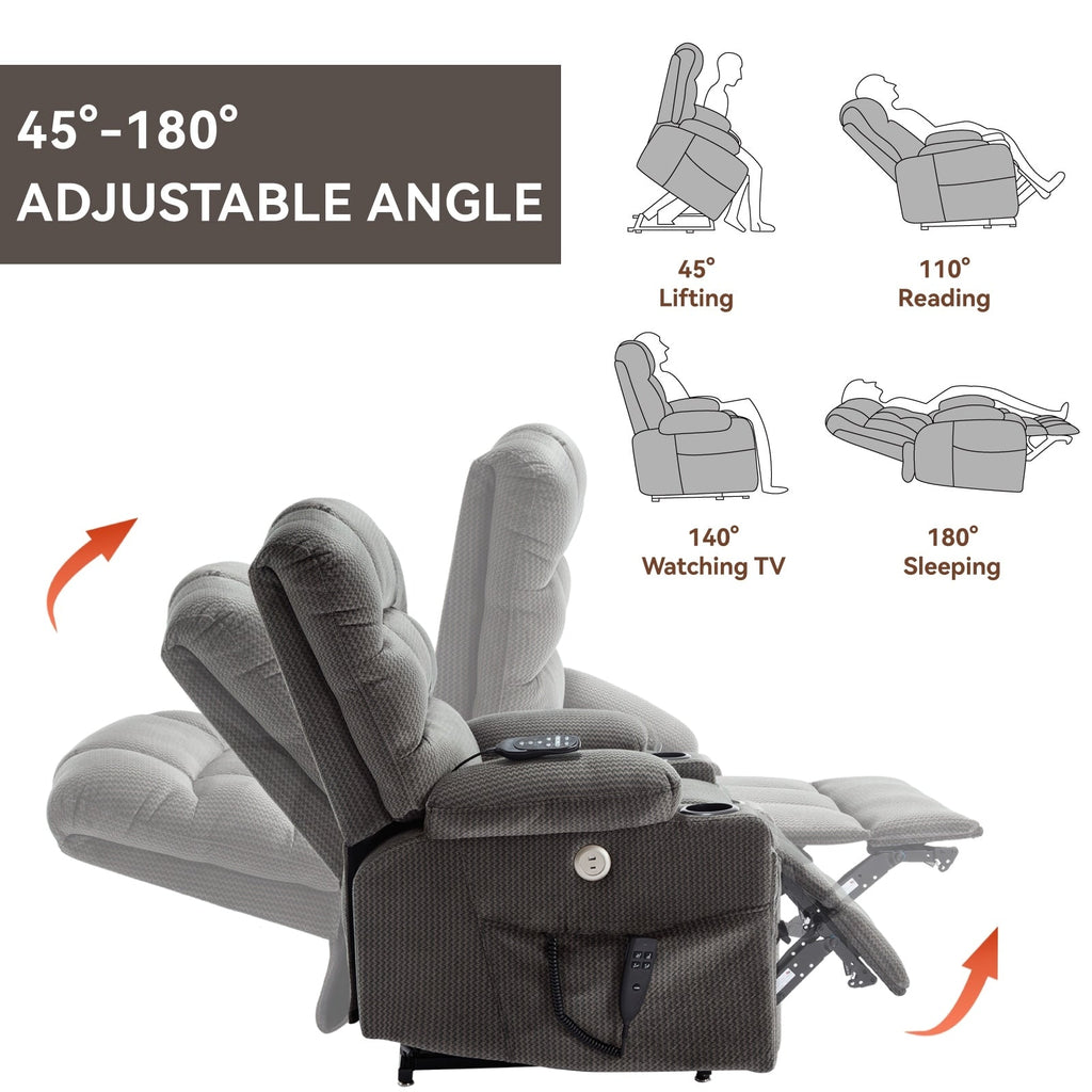 Fauteuil inclinable à levage électrique à 180° avec massage et chauffage, double porte-gobelets