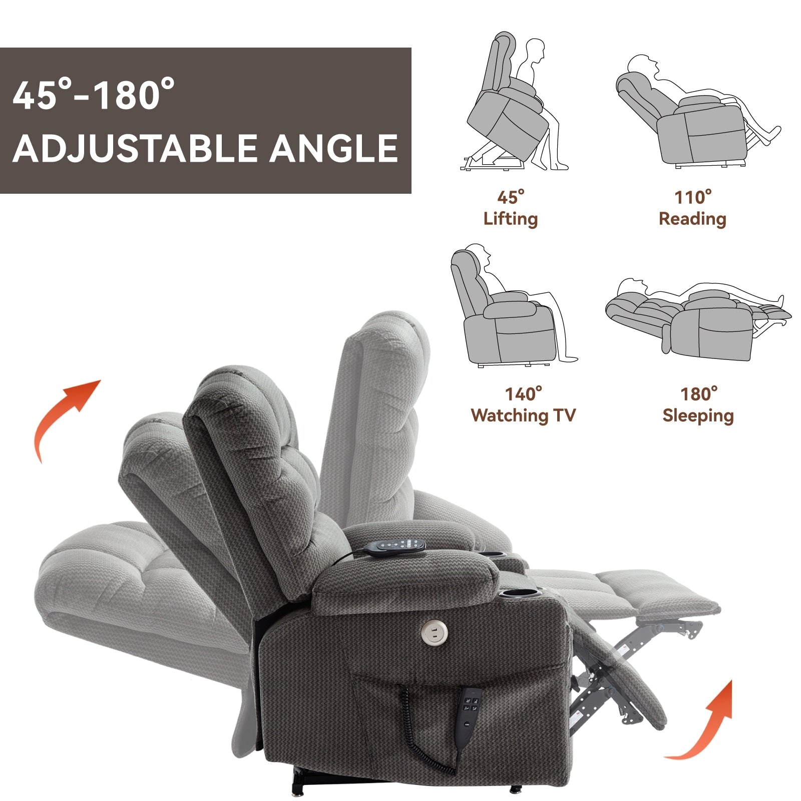 Fauteuil inclinable à levage électrique à 180° avec massage et chauffage, double porte-gobelets