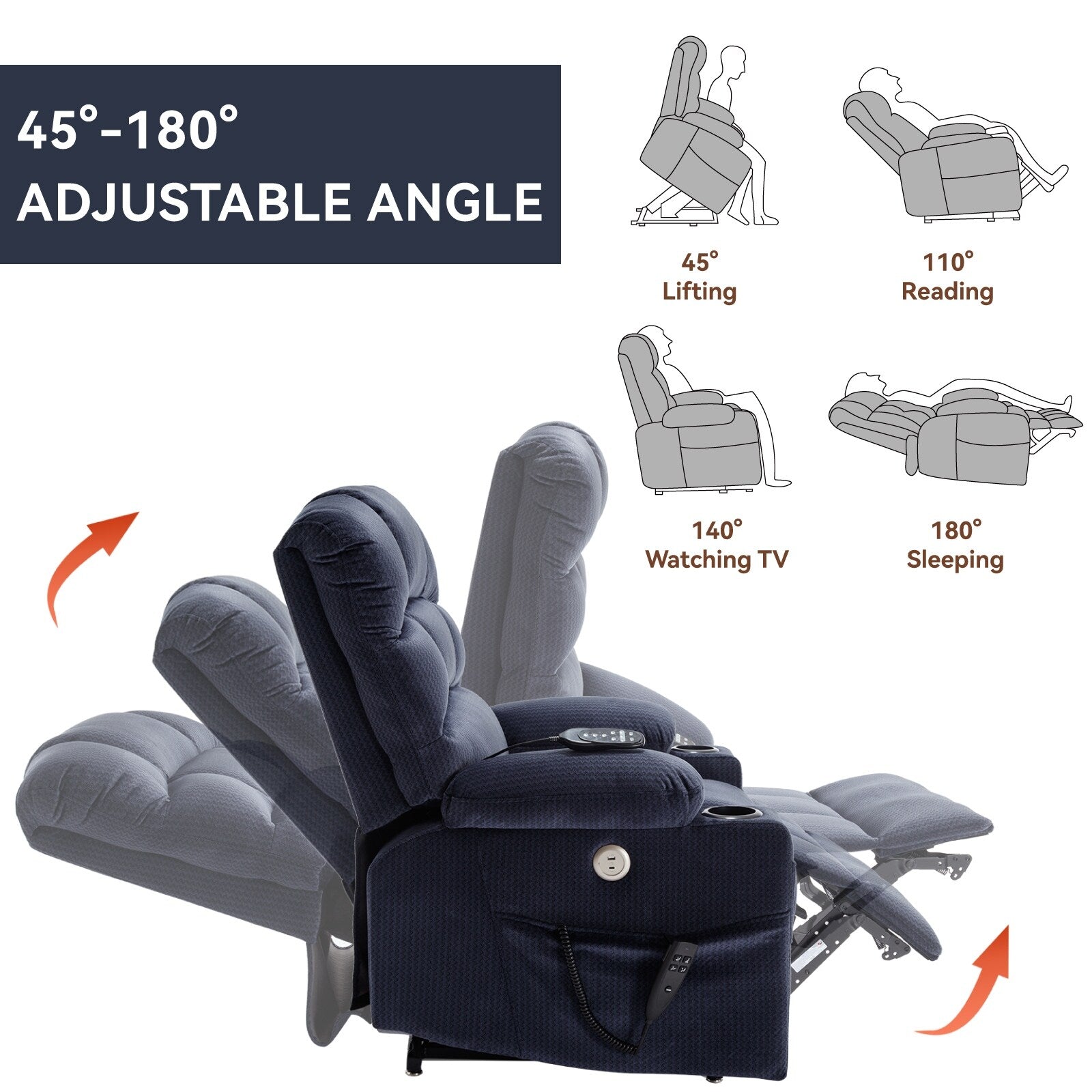 Fauteuil inclinable à levage électrique à 180° avec massage et chauffage, double porte-gobelets