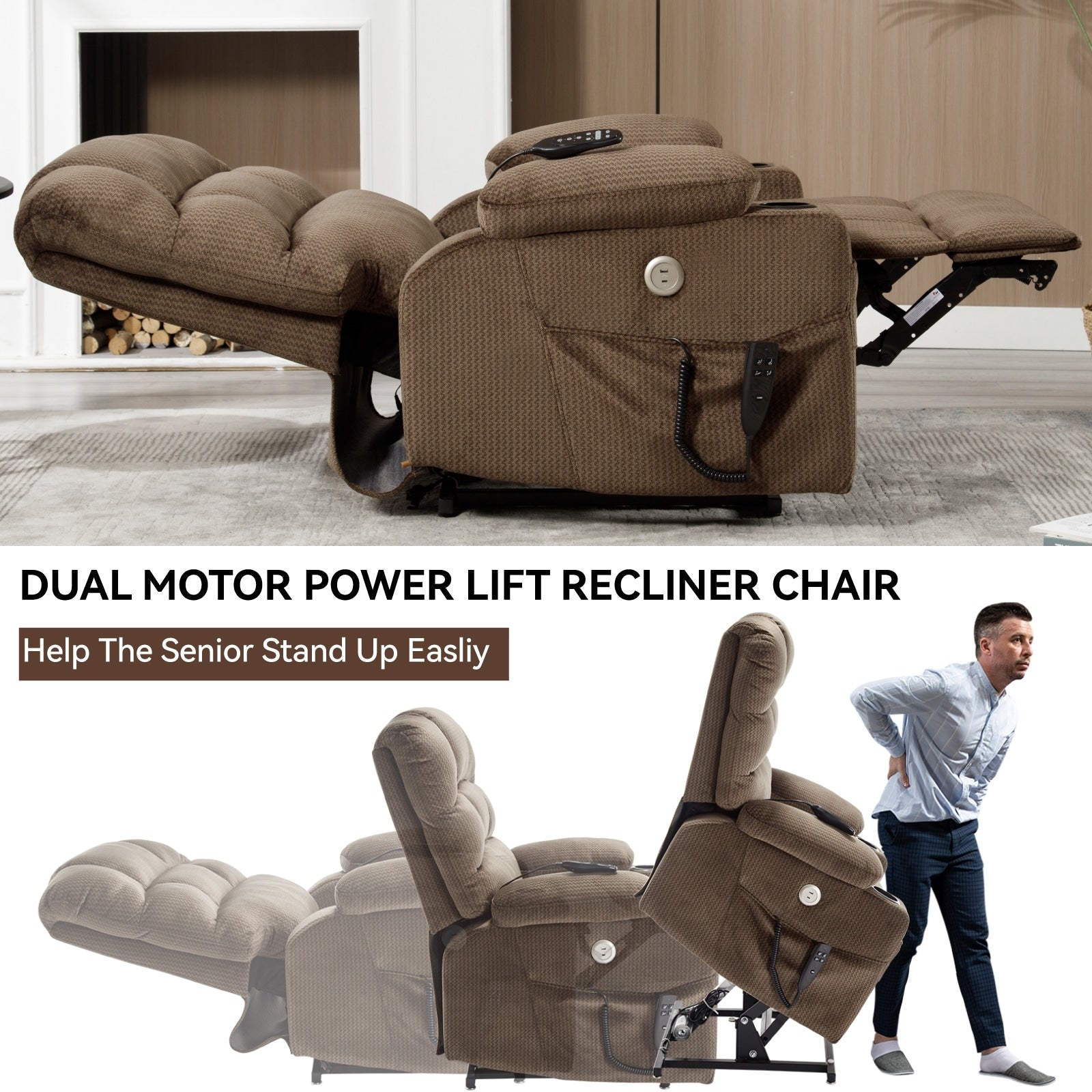 Fauteuil inclinable à levage électrique à 180° avec massage et chauffage, double porte-gobelets