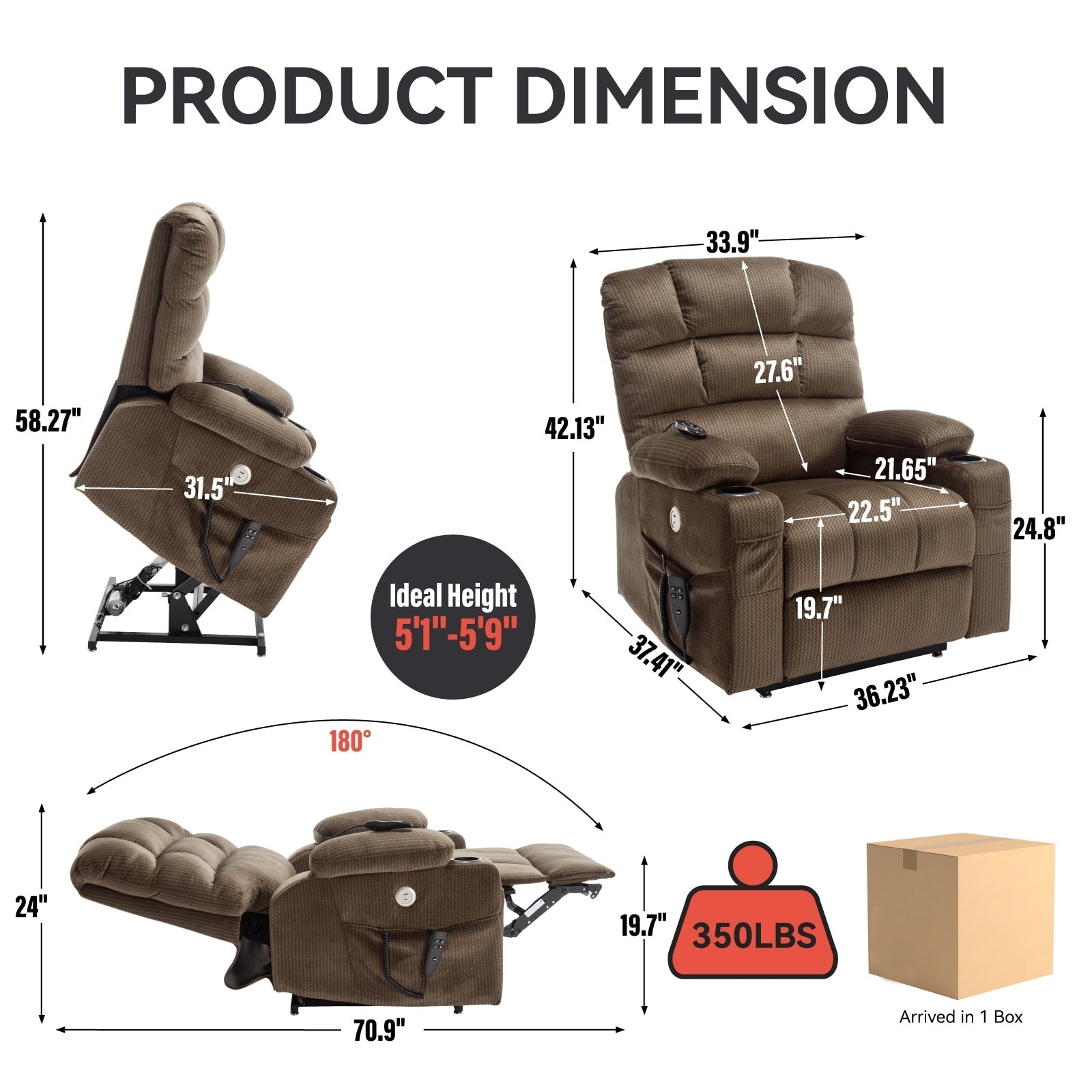 Fauteuil inclinable à levage électrique à 180° avec massage et chauffage, double porte-gobelets