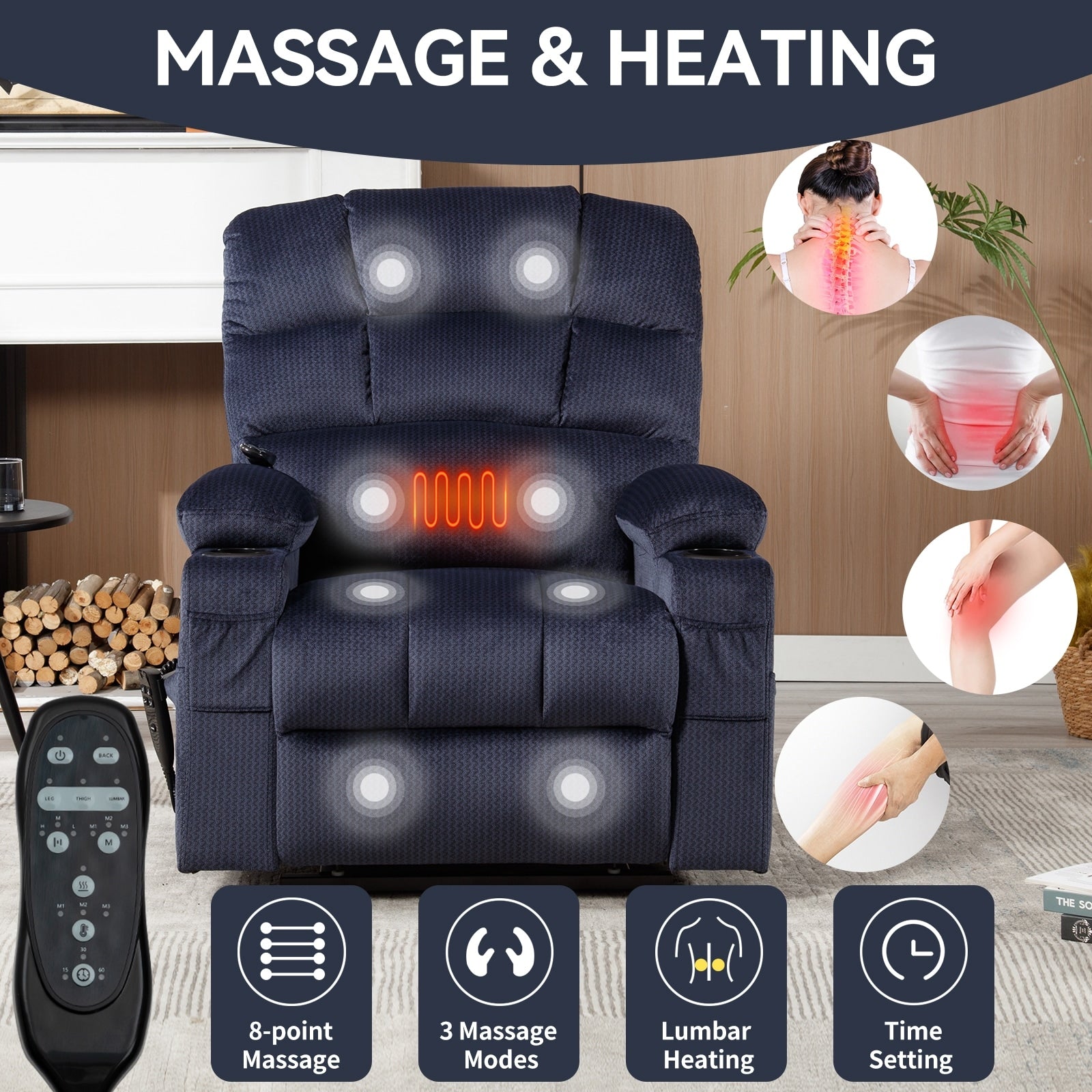 Fauteuil inclinable à levage électrique à 180° avec massage et chauffage, double porte-gobelets