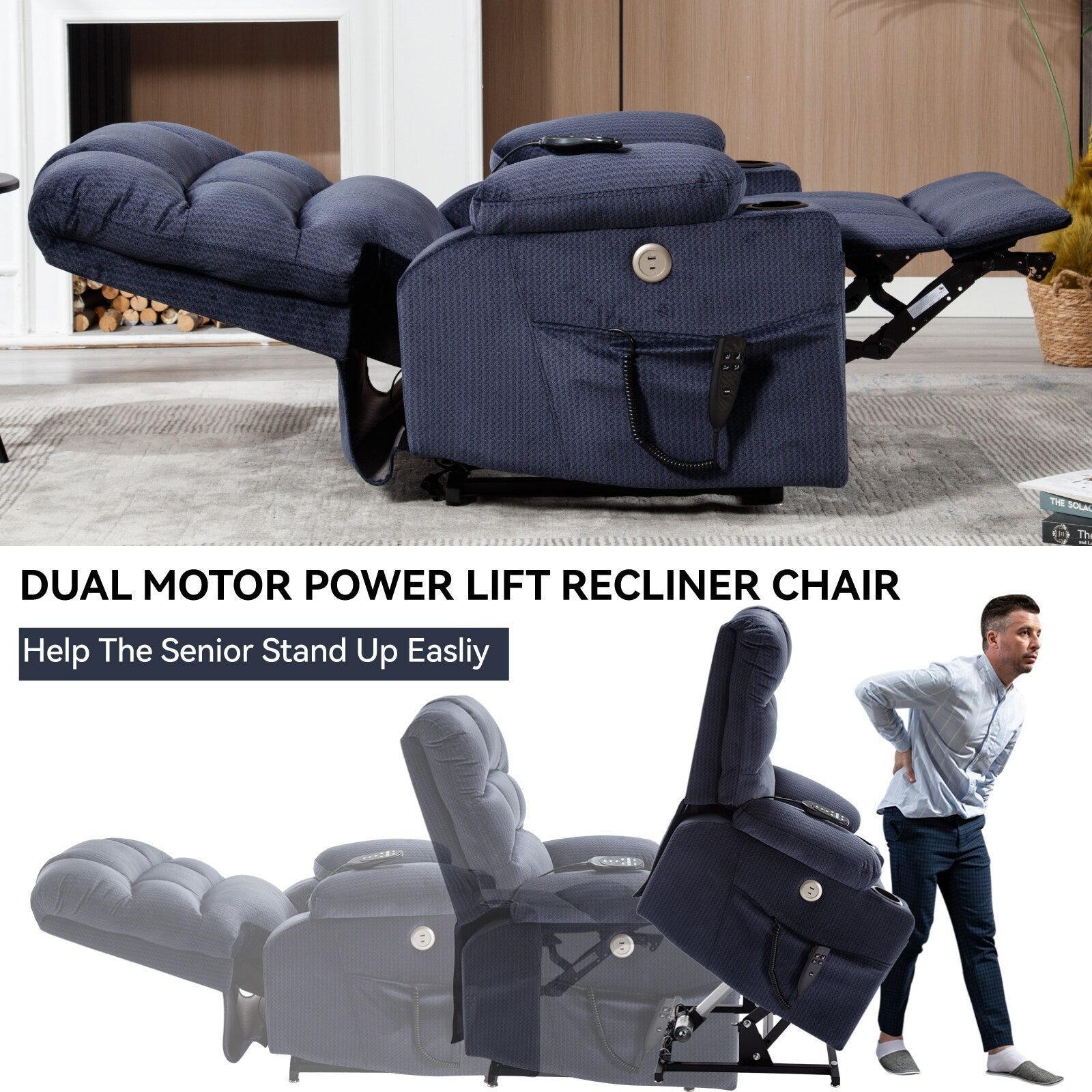 Fauteuil inclinable à levage électrique à 180° avec massage et chauffage, double porte-gobelets