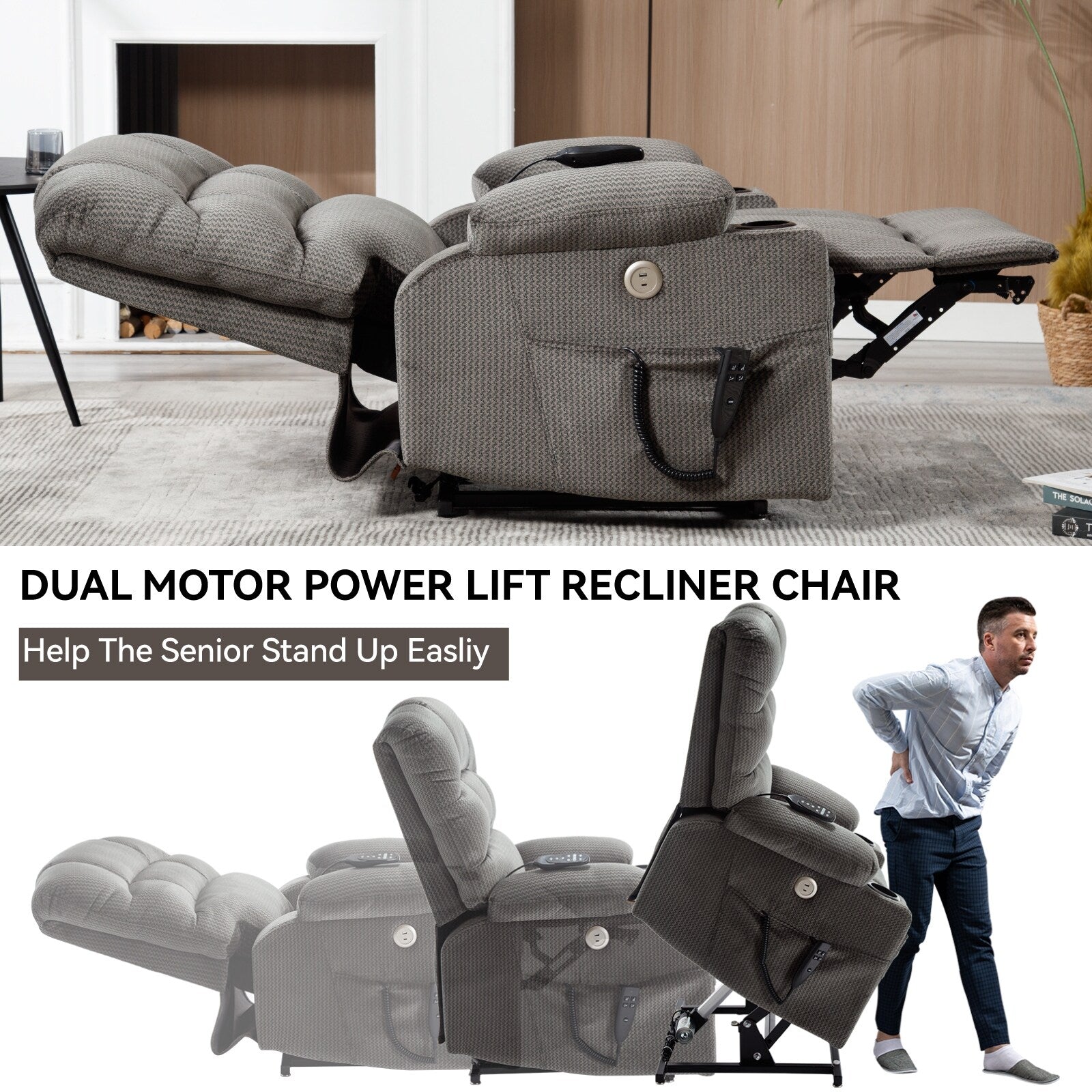 Fauteuil inclinable à levage électrique à 180° avec massage et chauffage, double porte-gobelets
