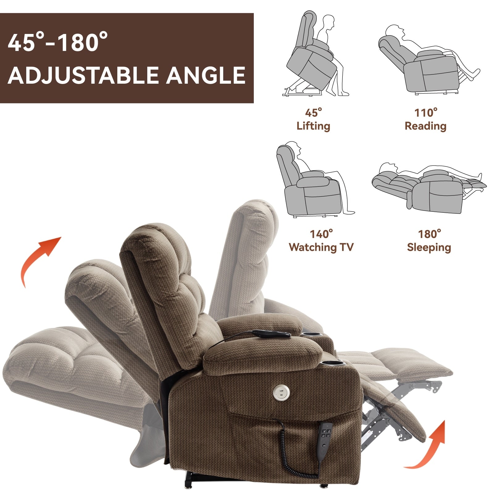 Fauteuil inclinable à levage électrique à 180° avec massage et chauffage, double porte-gobelets