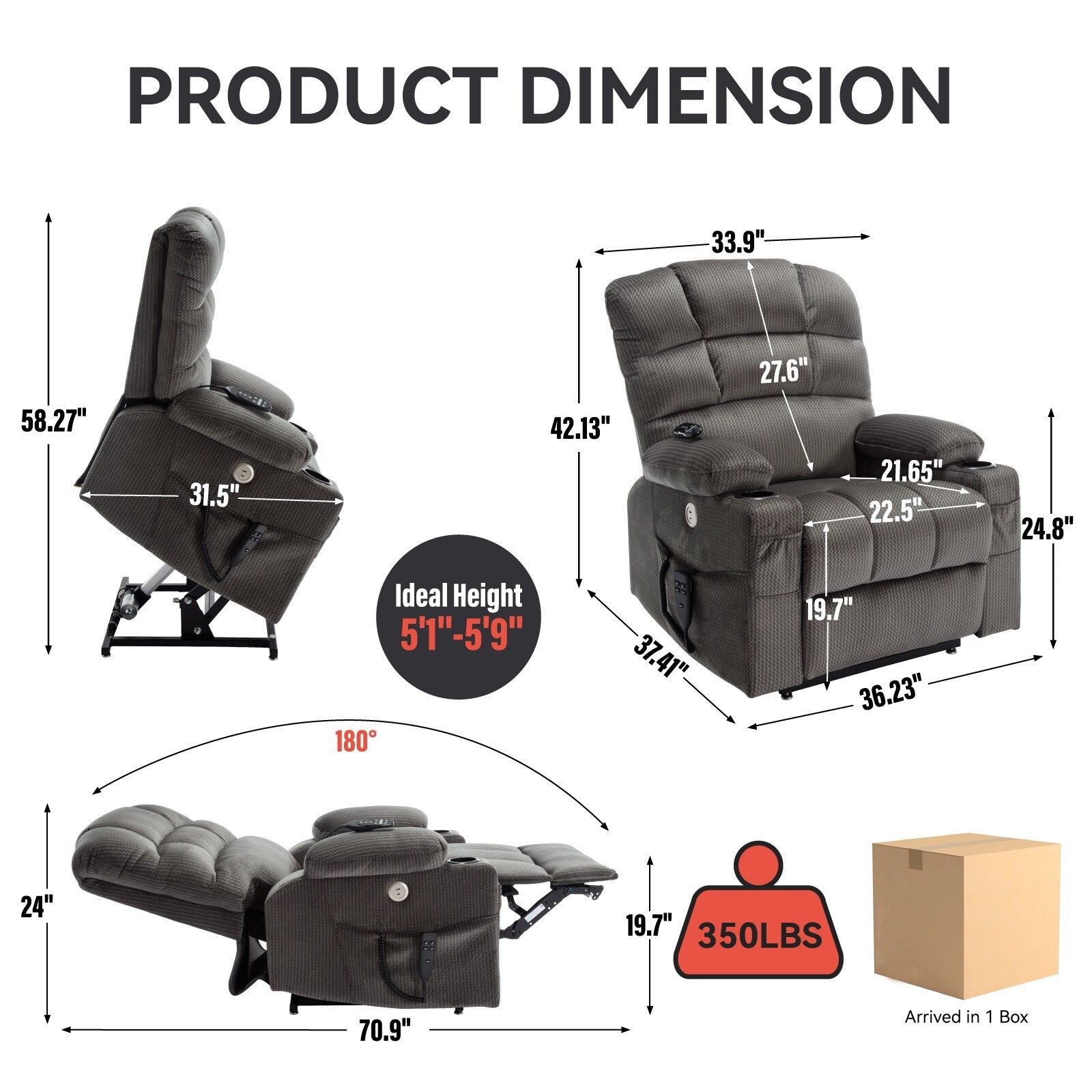 Fauteuil inclinable à levage électrique à 180° avec massage et chauffage, double porte-gobelets
