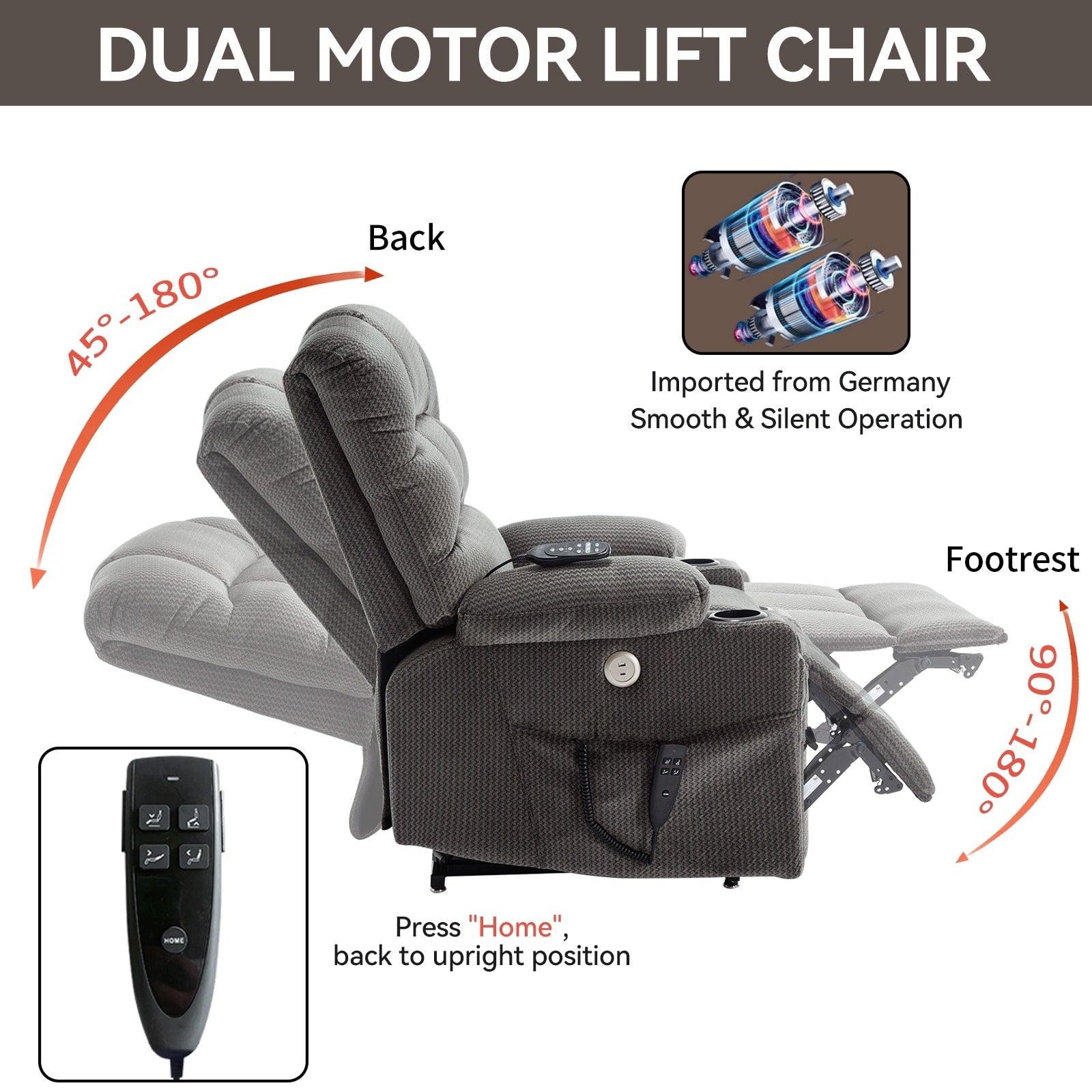 Fauteuil inclinable à levage électrique à 180° avec massage et chauffage, double porte-gobelets