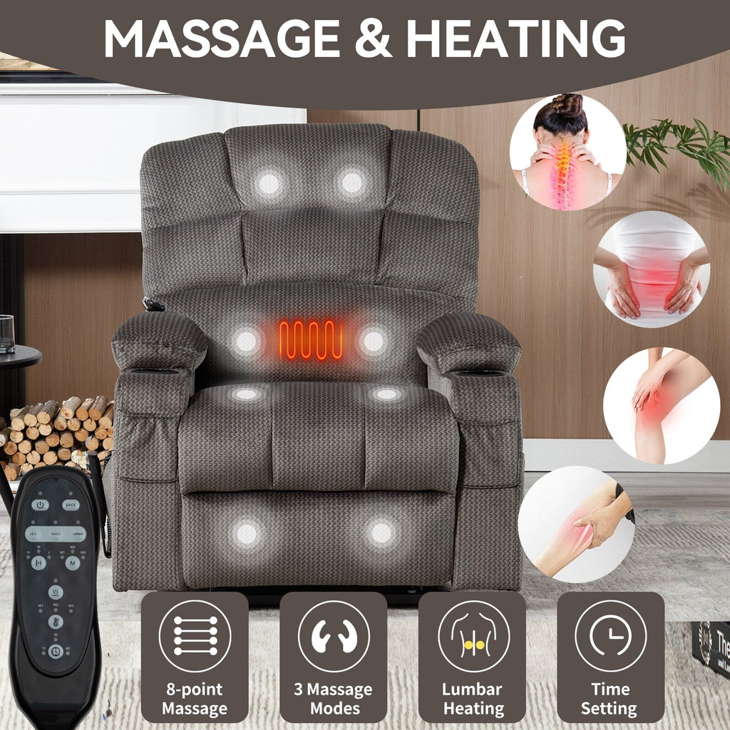 Fauteuil inclinable à levage électrique à 180° avec massage et chauffage, double porte-gobelets
