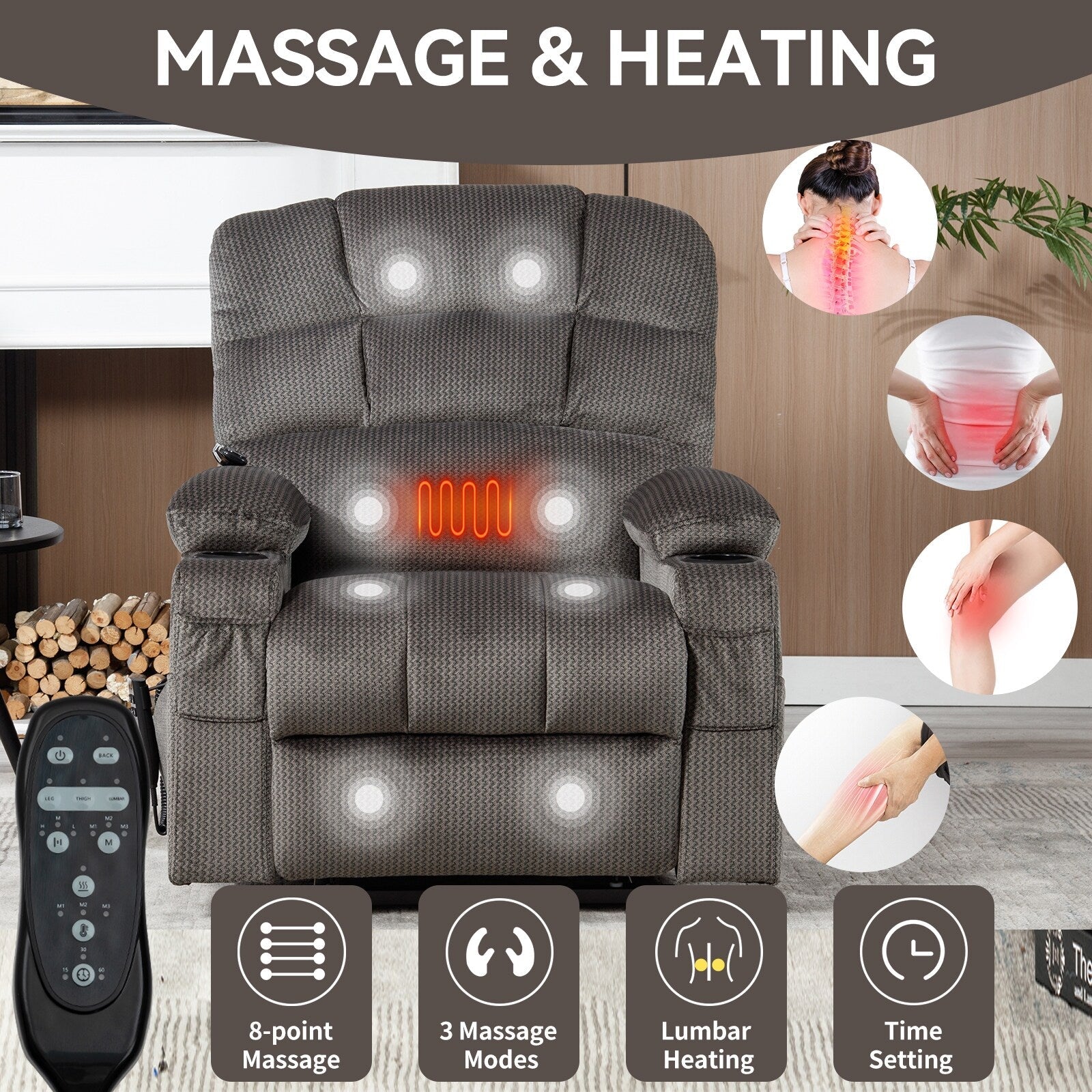 Fauteuil inclinable à levage électrique à 180° avec massage et chauffage, double porte-gobelets