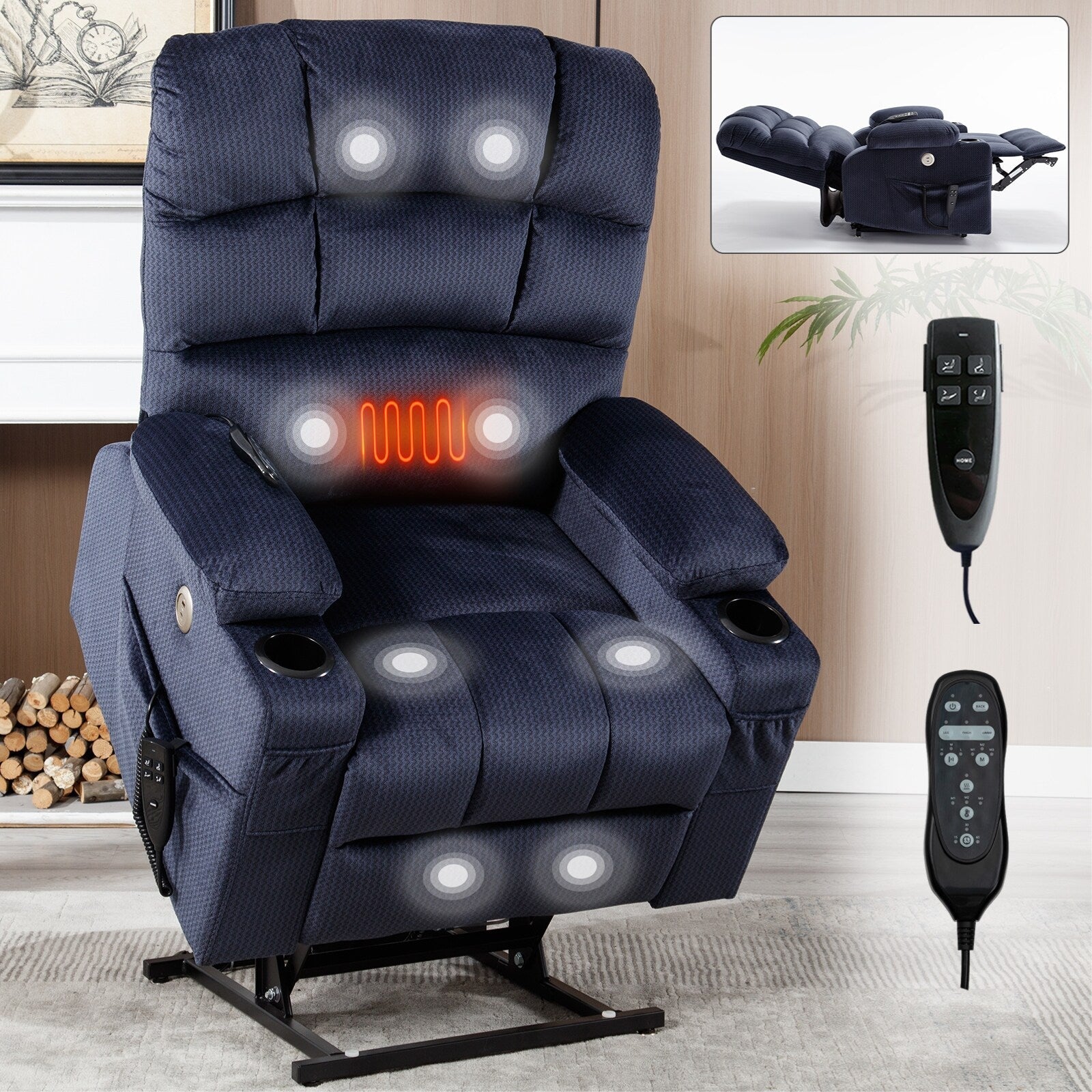 Fauteuil inclinable à levage électrique à 180° avec massage et chauffage, double porte-gobelets