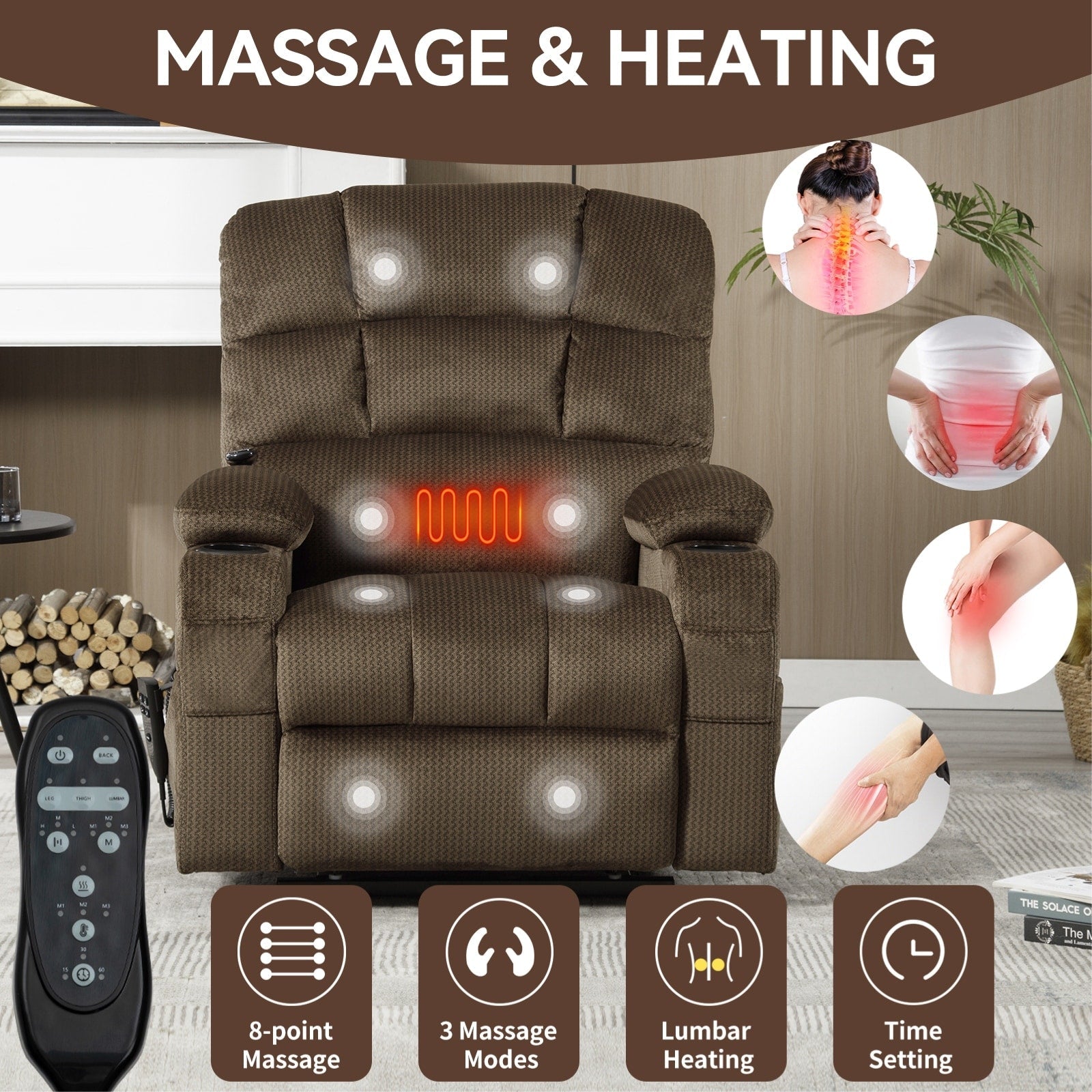 Fauteuil inclinable à levage électrique à 180° avec massage et chauffage, double porte-gobelets