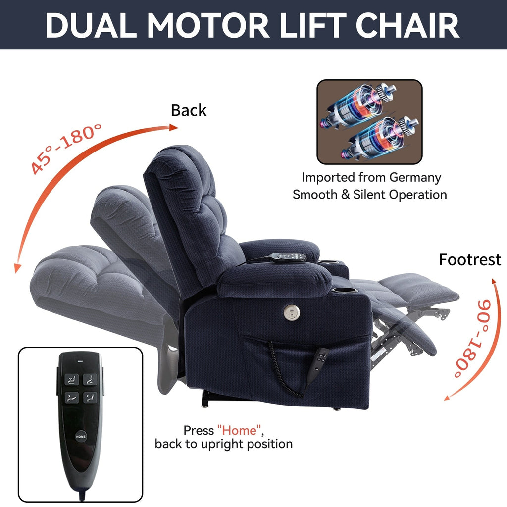 Fauteuil inclinable à levage électrique à 180° avec massage et chauffage, double porte-gobelets