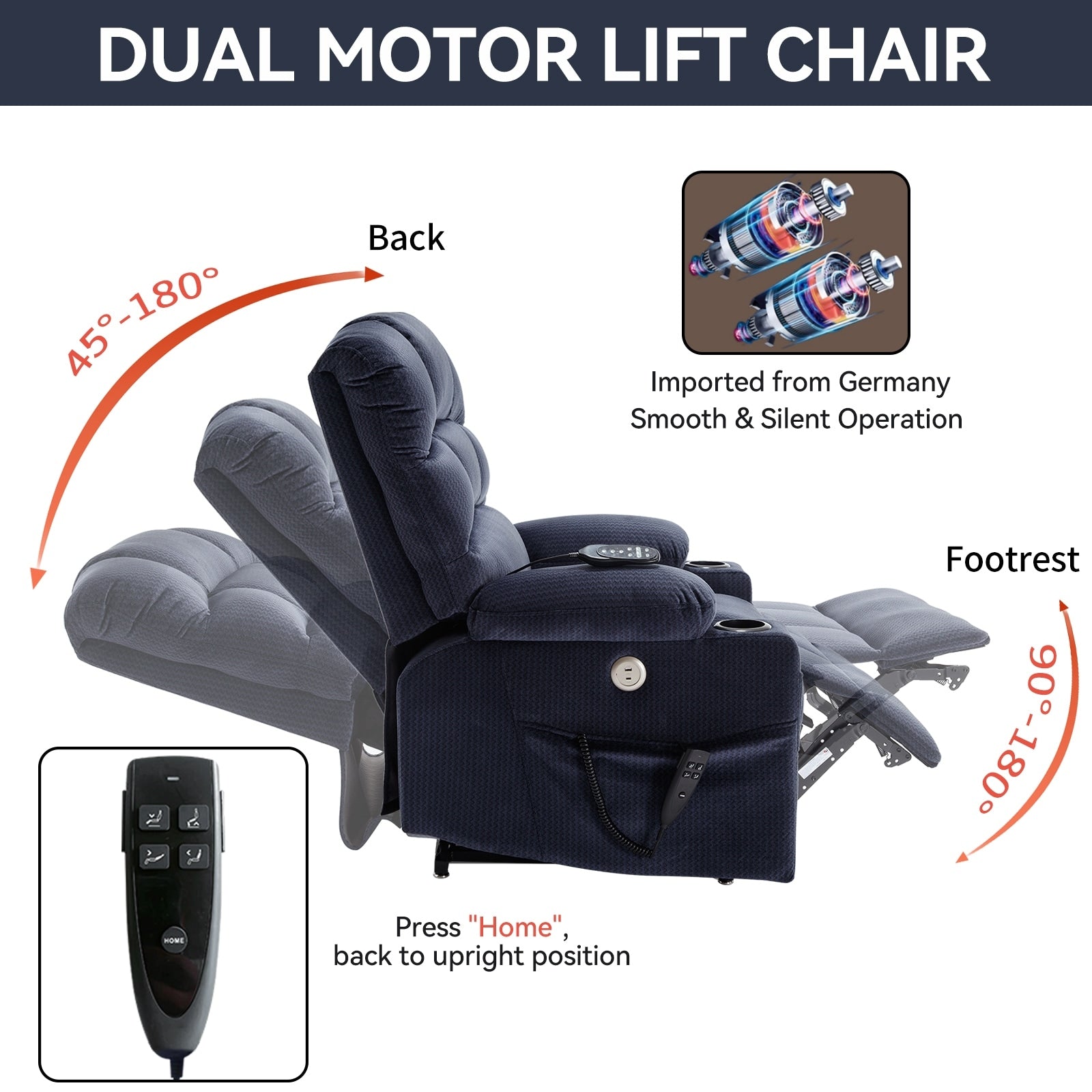 Fauteuil inclinable à levage électrique à 180° avec massage et chauffage, double porte-gobelets