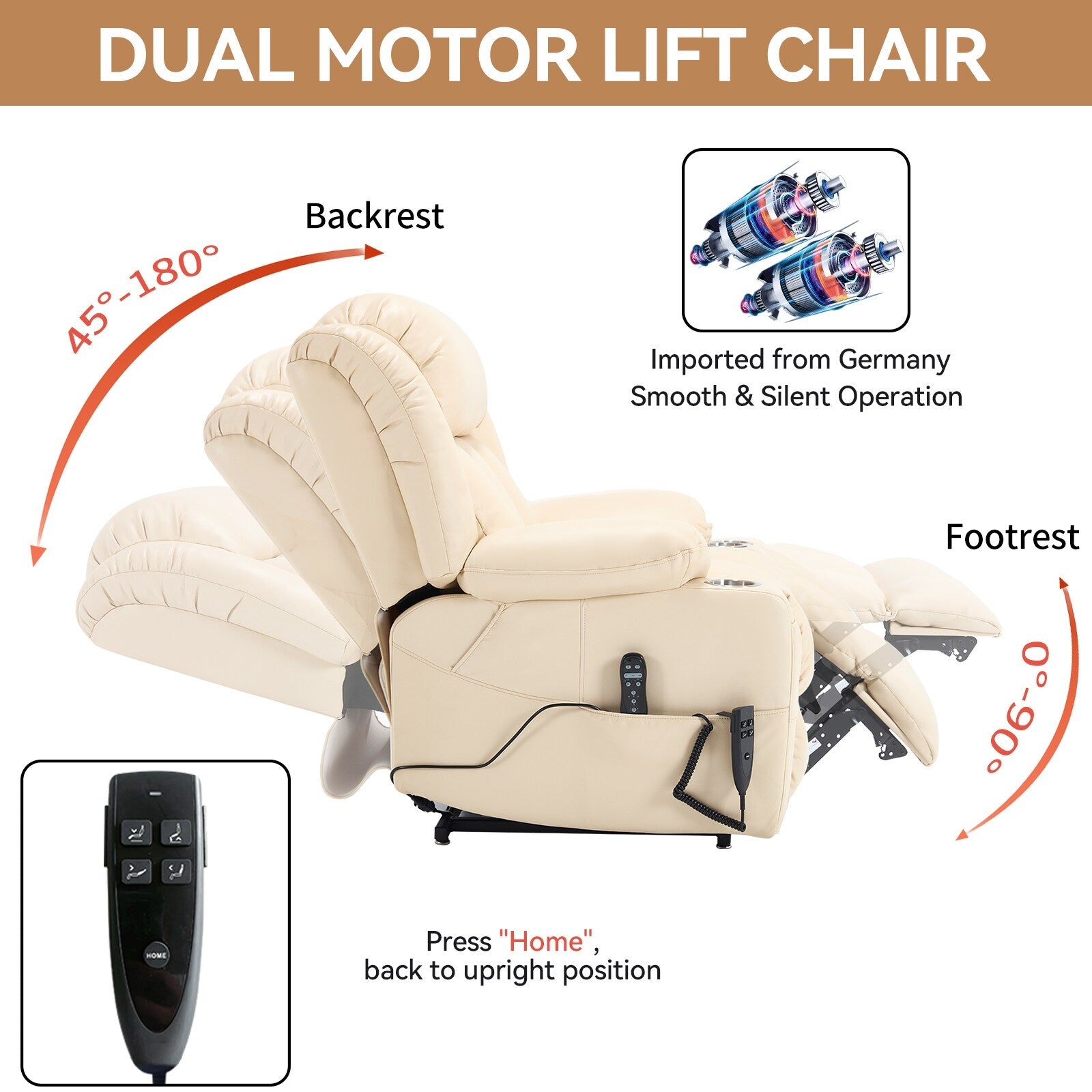 Fauteuil inclinable à levage électrique à 180°, double moteur, porte-gobelets en acier inoxydable