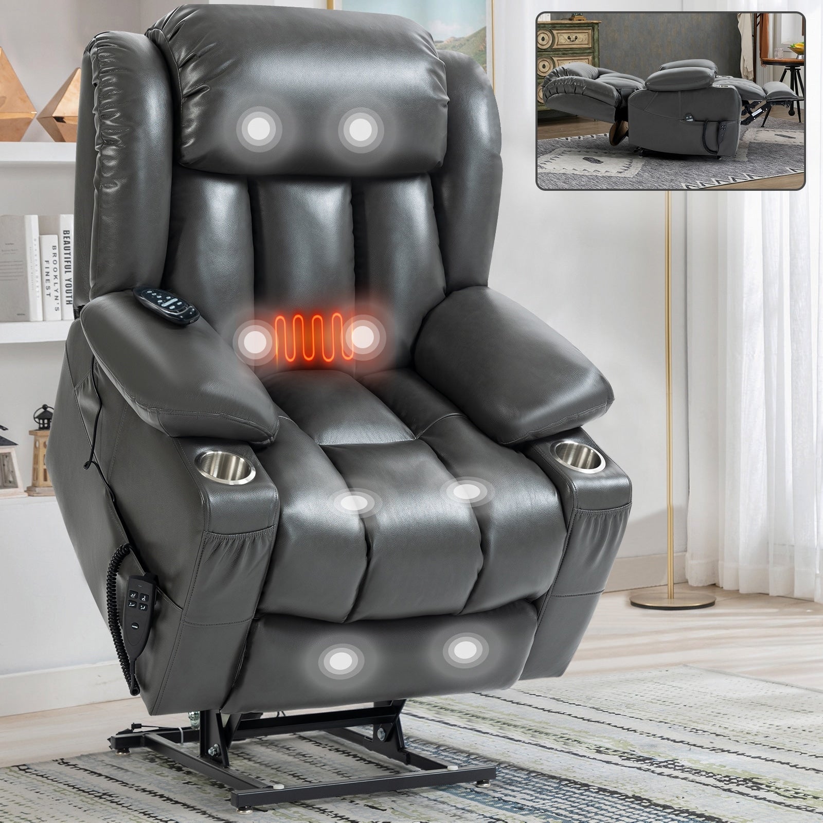 Fauteuil inclinable à levage électrique à 180°, double moteur, porte-gobelets en acier inoxydable