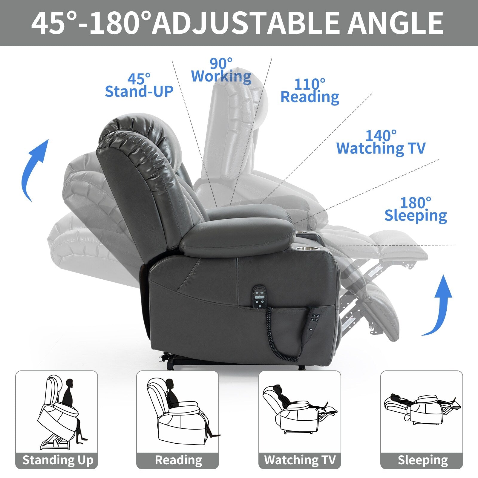 Fauteuil inclinable à levage électrique à 180°, double moteur, porte-gobelets en acier inoxydable