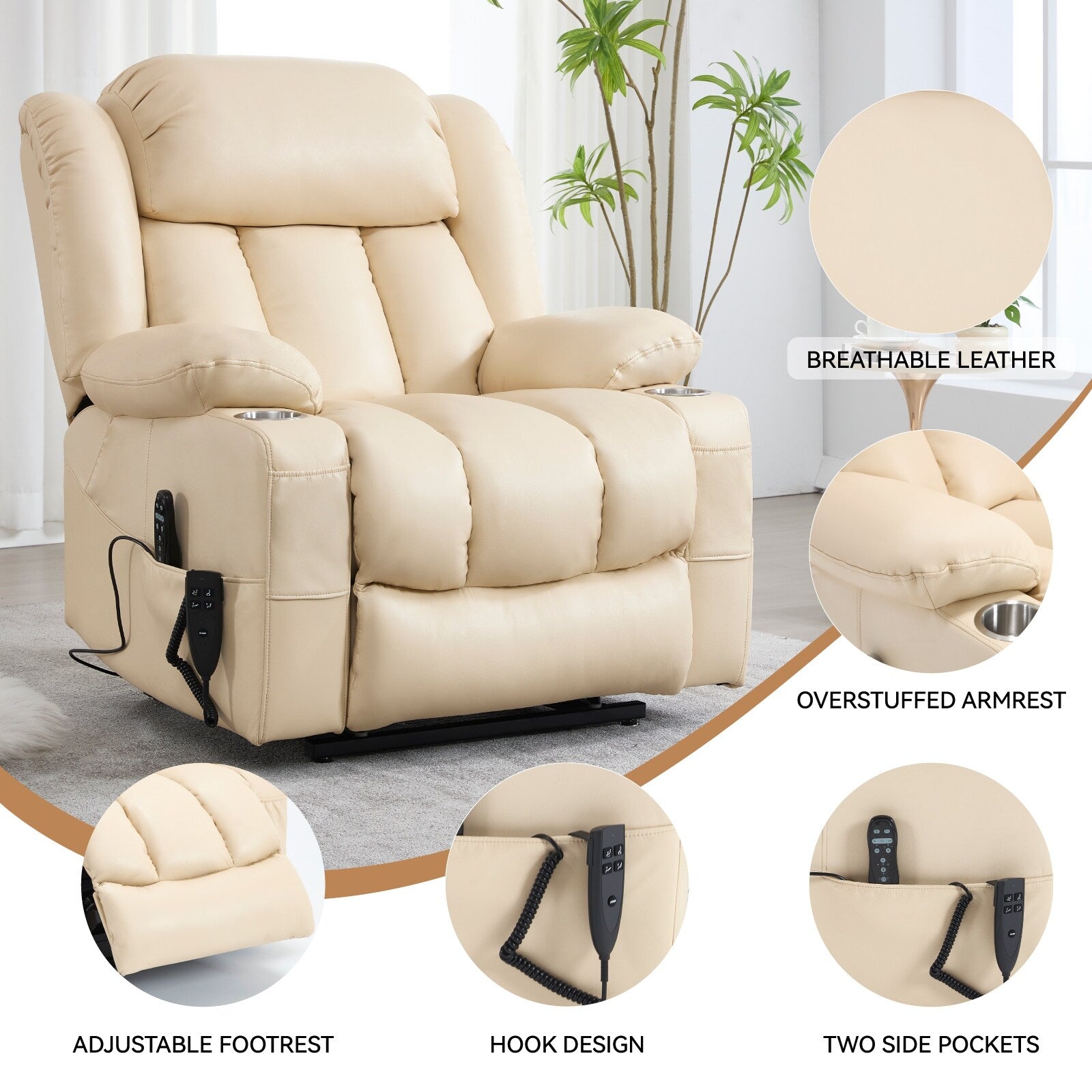 Fauteuil inclinable à levage électrique à 180°, double moteur, porte-gobelets en acier inoxydable