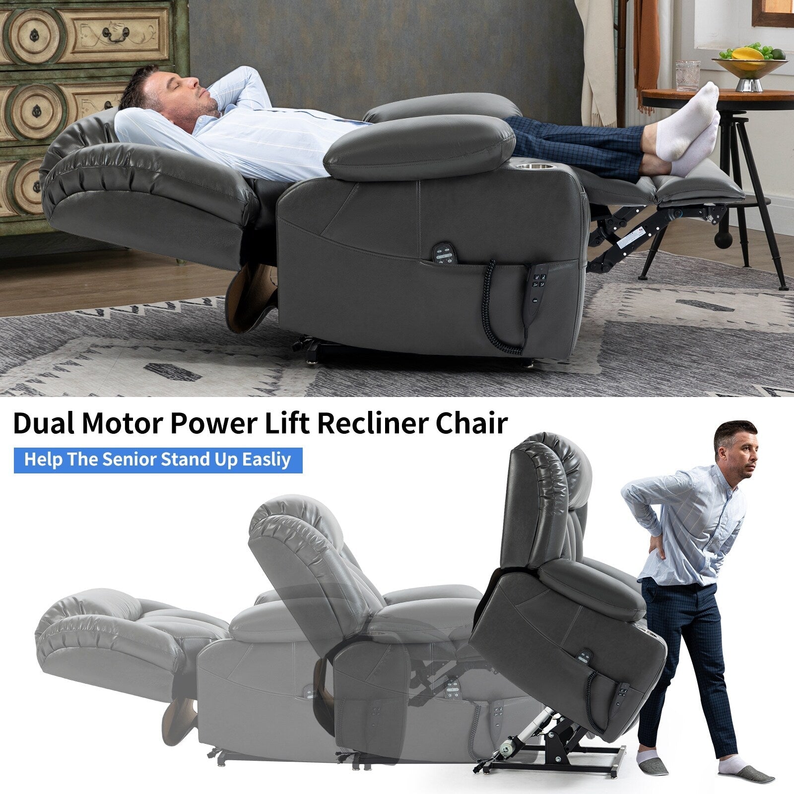 Fauteuil inclinable à levage électrique à 180°, double moteur, porte-gobelets en acier inoxydable