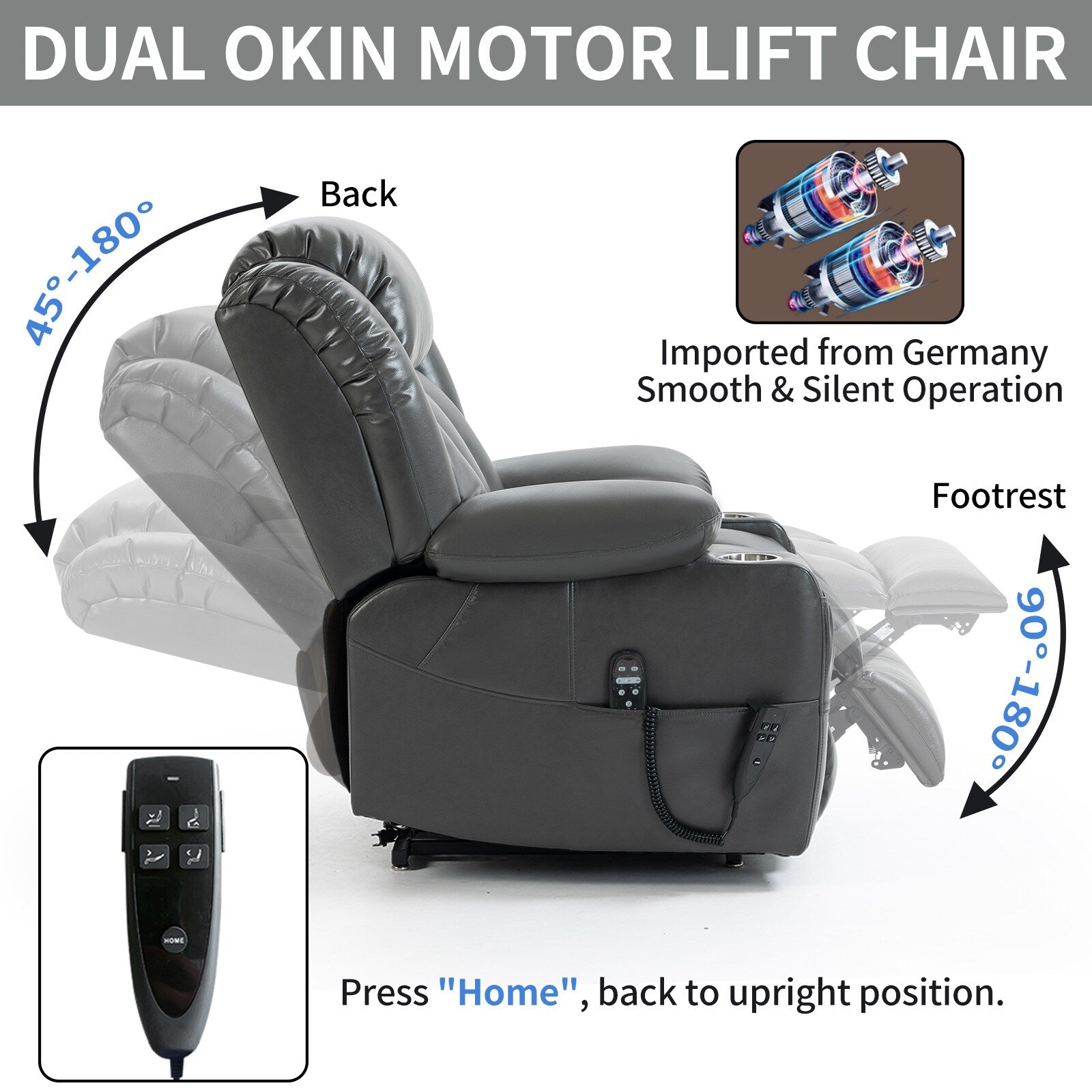 Fauteuil inclinable à levage électrique à 180°, double moteur, porte-gobelets en acier inoxydable