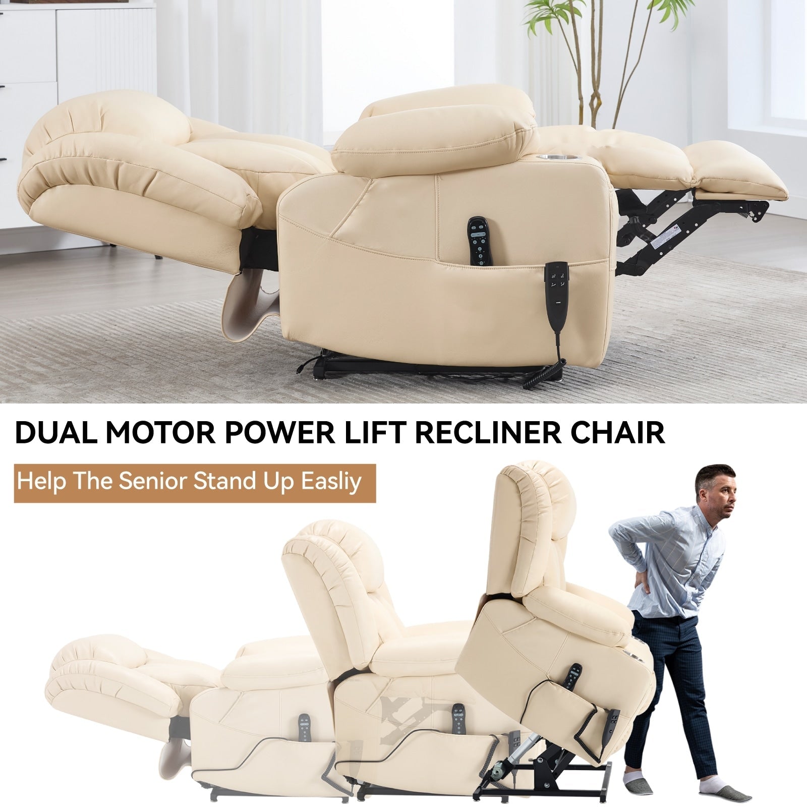 Fauteuil inclinable à levage électrique à 180°, double moteur, porte-gobelets en acier inoxydable