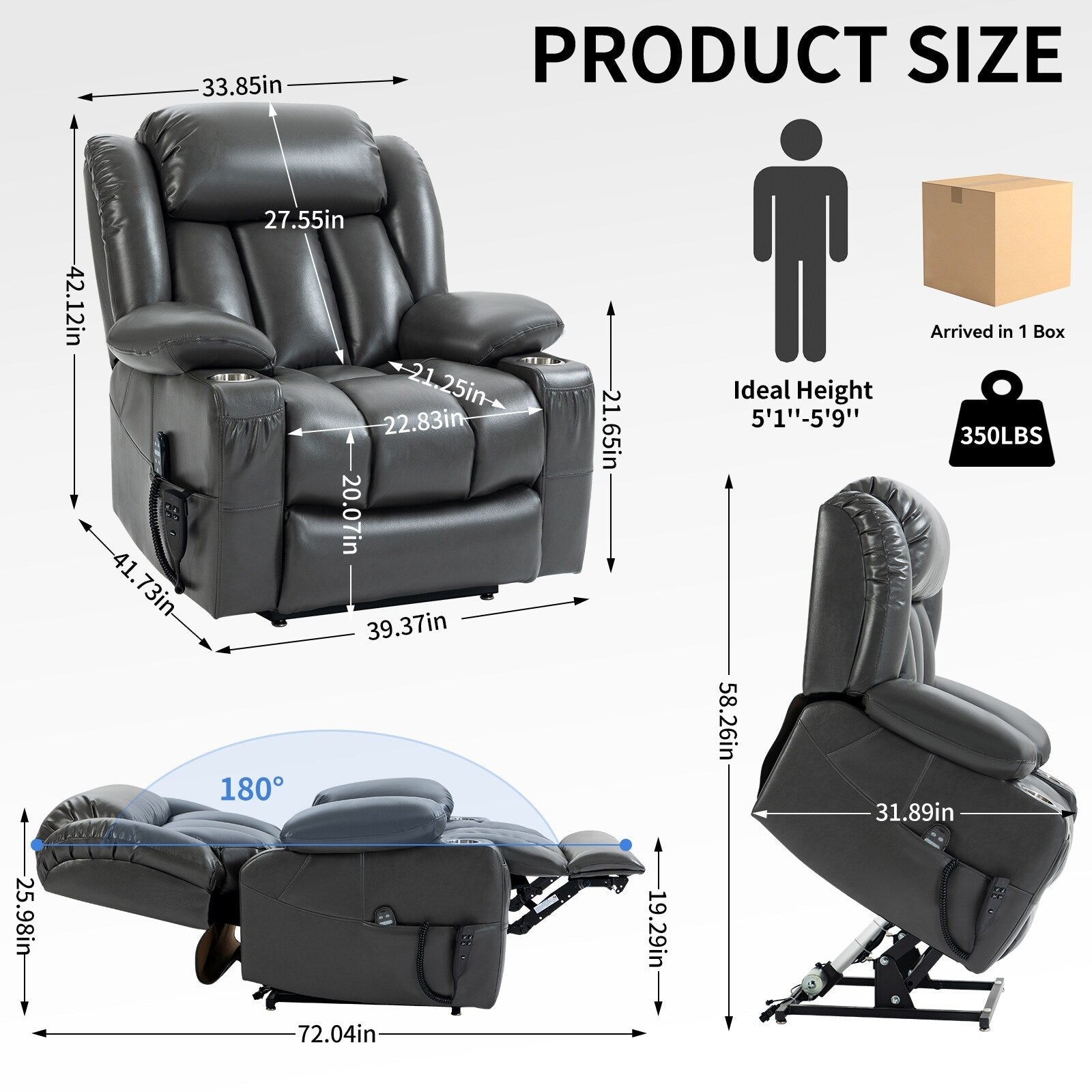 Fauteuil inclinable à levage électrique à 180°, double moteur, porte-gobelets en acier inoxydable