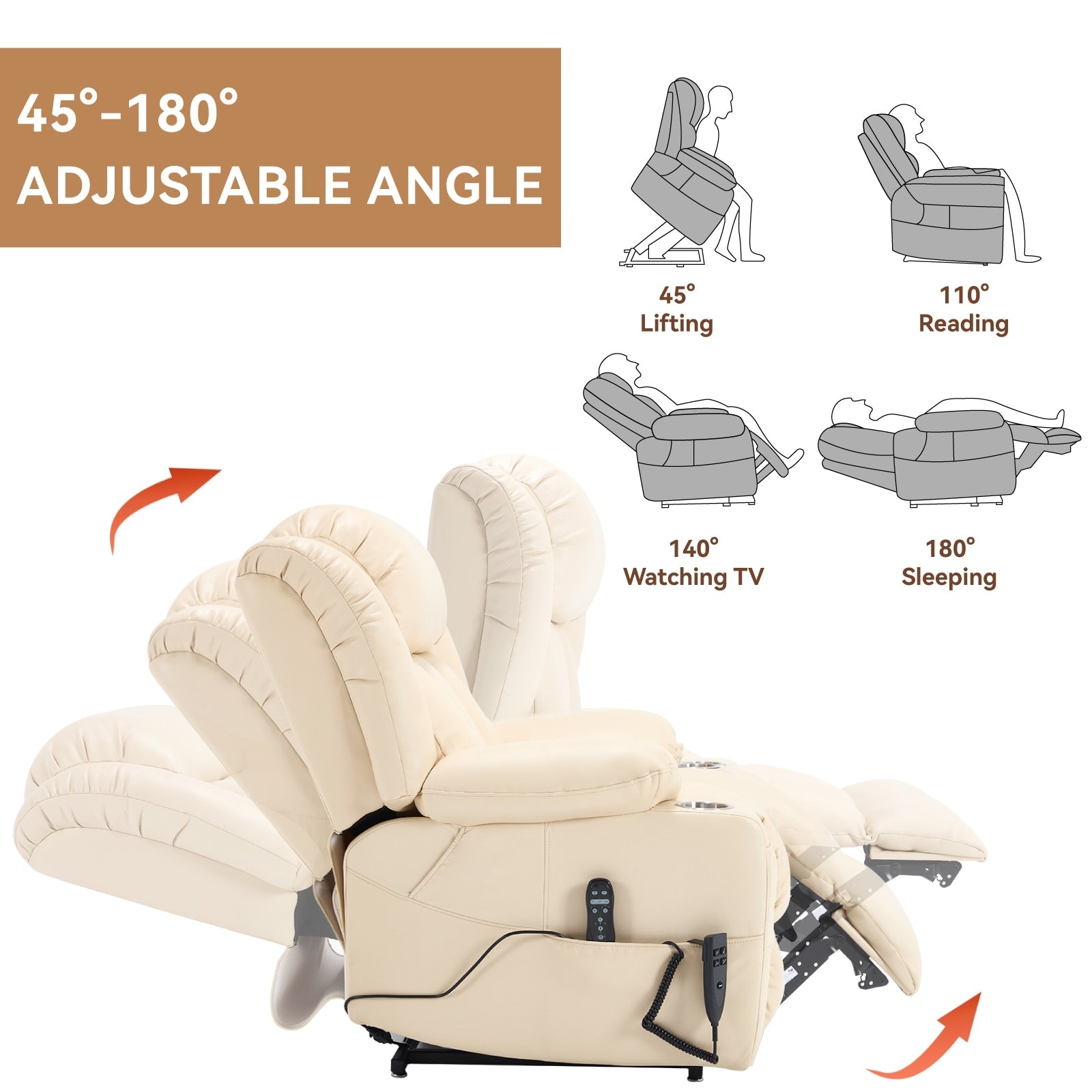 Fauteuil inclinable à levage électrique à 180°, double moteur, porte-gobelets en acier inoxydable