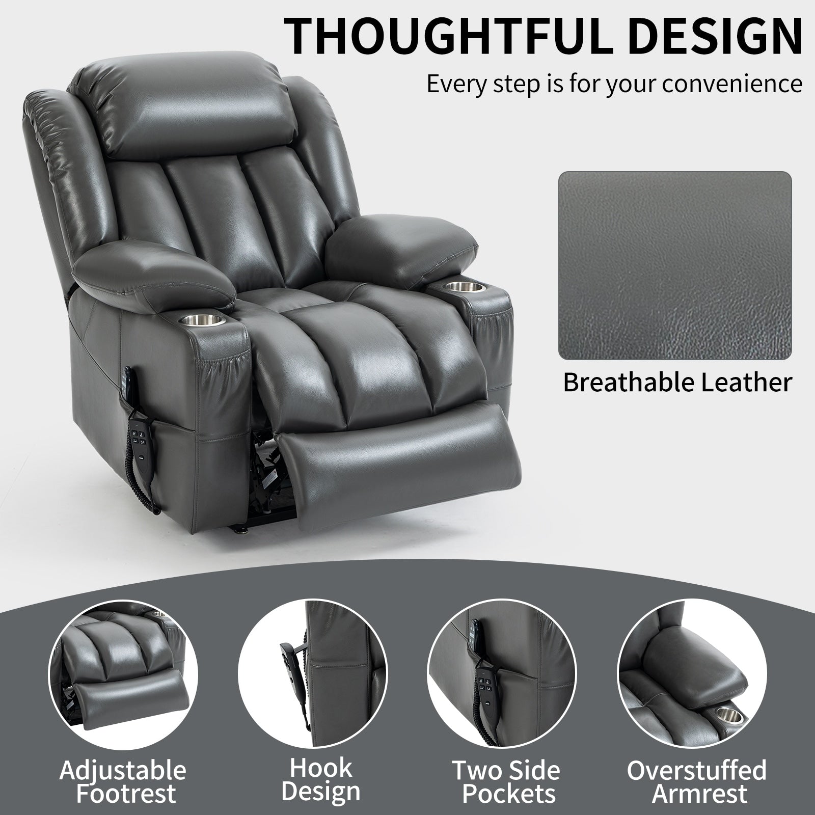 Fauteuil inclinable à levage électrique à 180°, double moteur, porte-gobelets en acier inoxydable