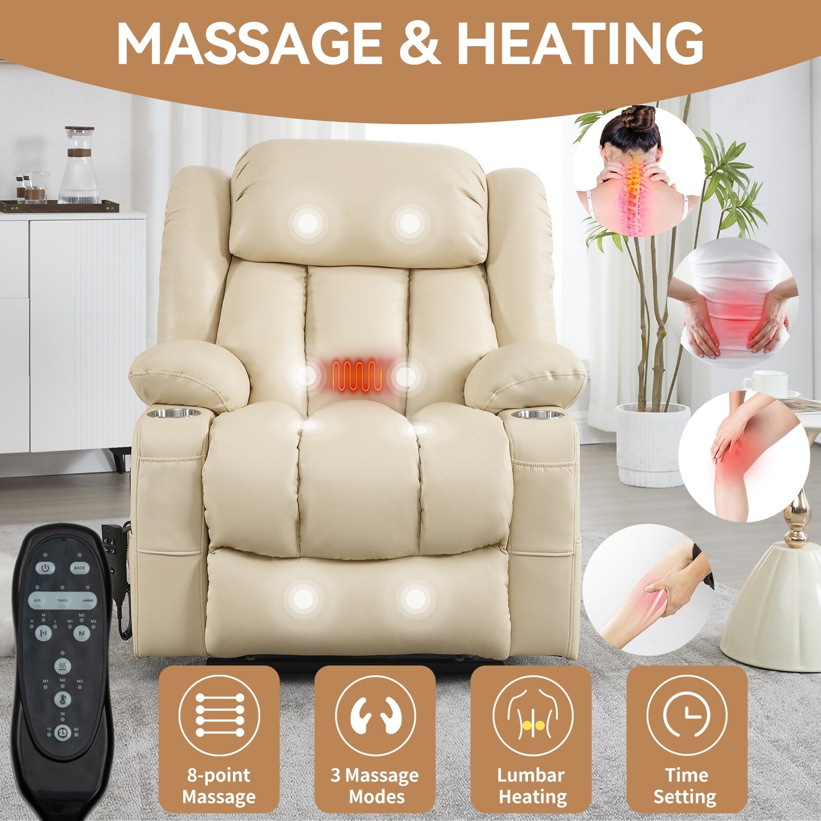 Fauteuil inclinable à levage électrique à 180°, double moteur, porte-gobelets en acier inoxydable