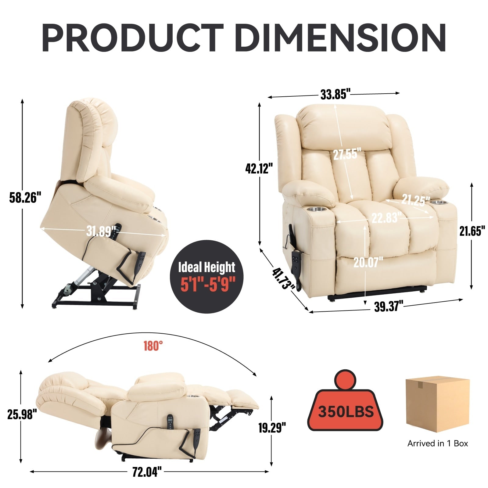 Fauteuil inclinable à levage électrique à 180°, double moteur, porte-gobelets en acier inoxydable