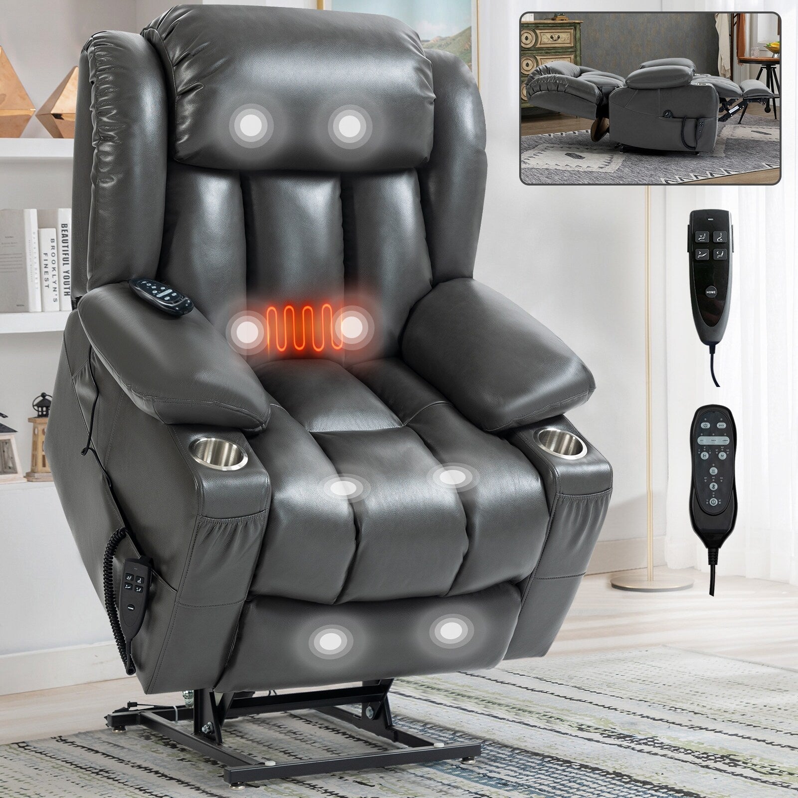 Fauteuil inclinable à levage électrique à 180°, double moteur, porte-gobelets en acier inoxydable