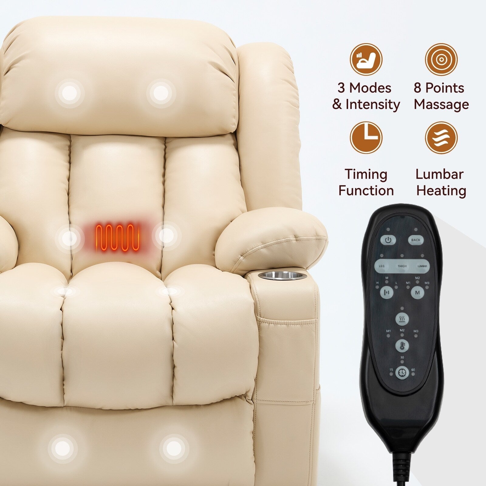 Fauteuil inclinable à levage électrique à 180°, double moteur, porte-gobelets en acier inoxydable