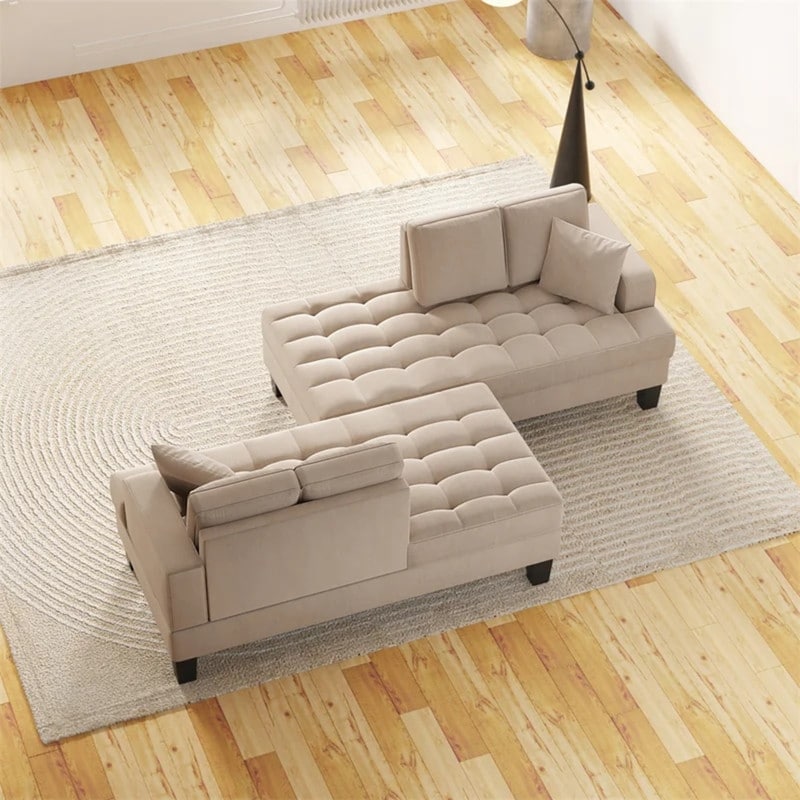 Ensemble de salon 2 pièces, chaise longue et canapé capitonnés, avec 2 coussins décoratifs, gris chaud.