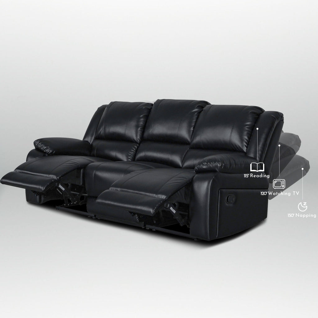 Ensemble de canapé de salon classique en simili cuir, inclinable manuellement, 2 pièces, avec console et porte-gobelets.