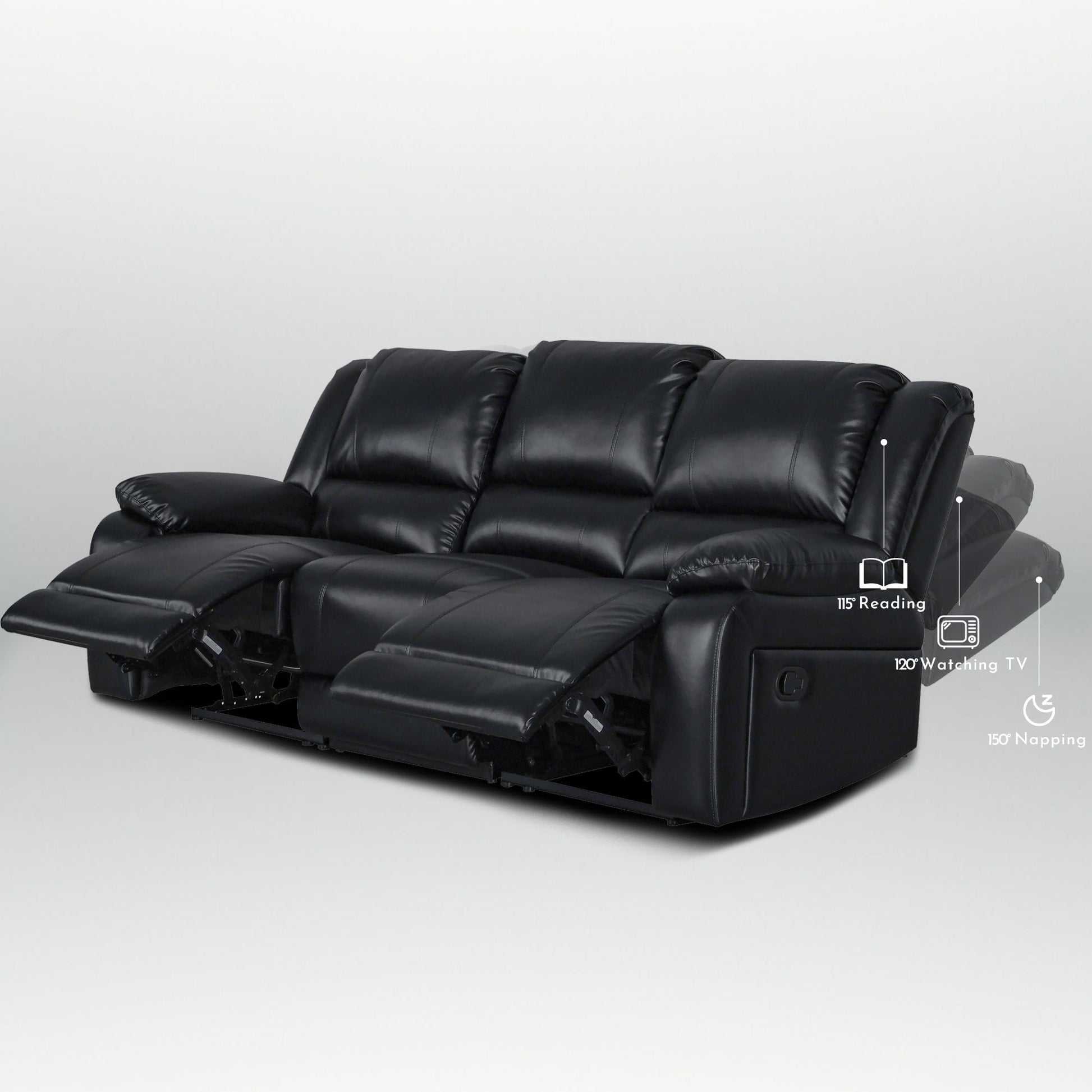 Ensemble de canapé de salon classique en simili cuir, inclinable manuellement, 2 pièces, avec console et porte-gobelets.