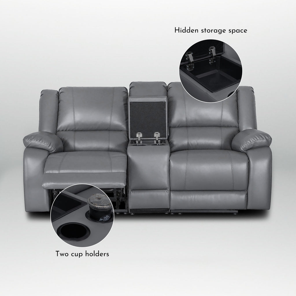 Ensemble de canapé de salon classique en simili cuir, inclinable manuellement, 2 pièces, avec console et porte-gobelets.