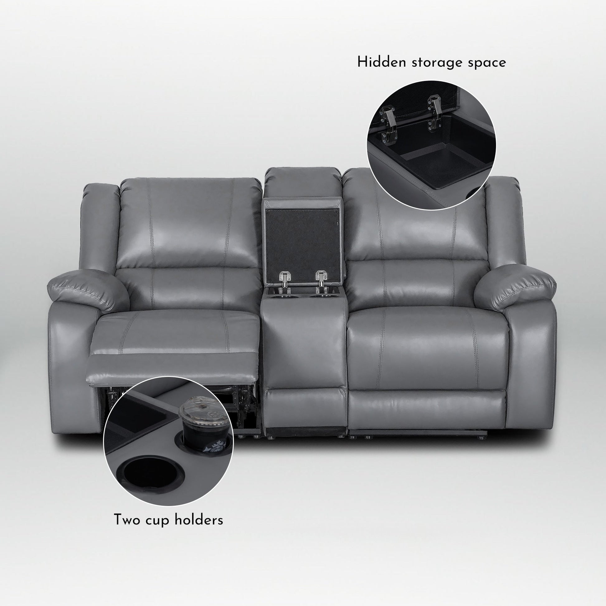 Ensemble de canapé de salon classique en simili cuir, inclinable manuellement, 2 pièces, avec console et porte-gobelets.