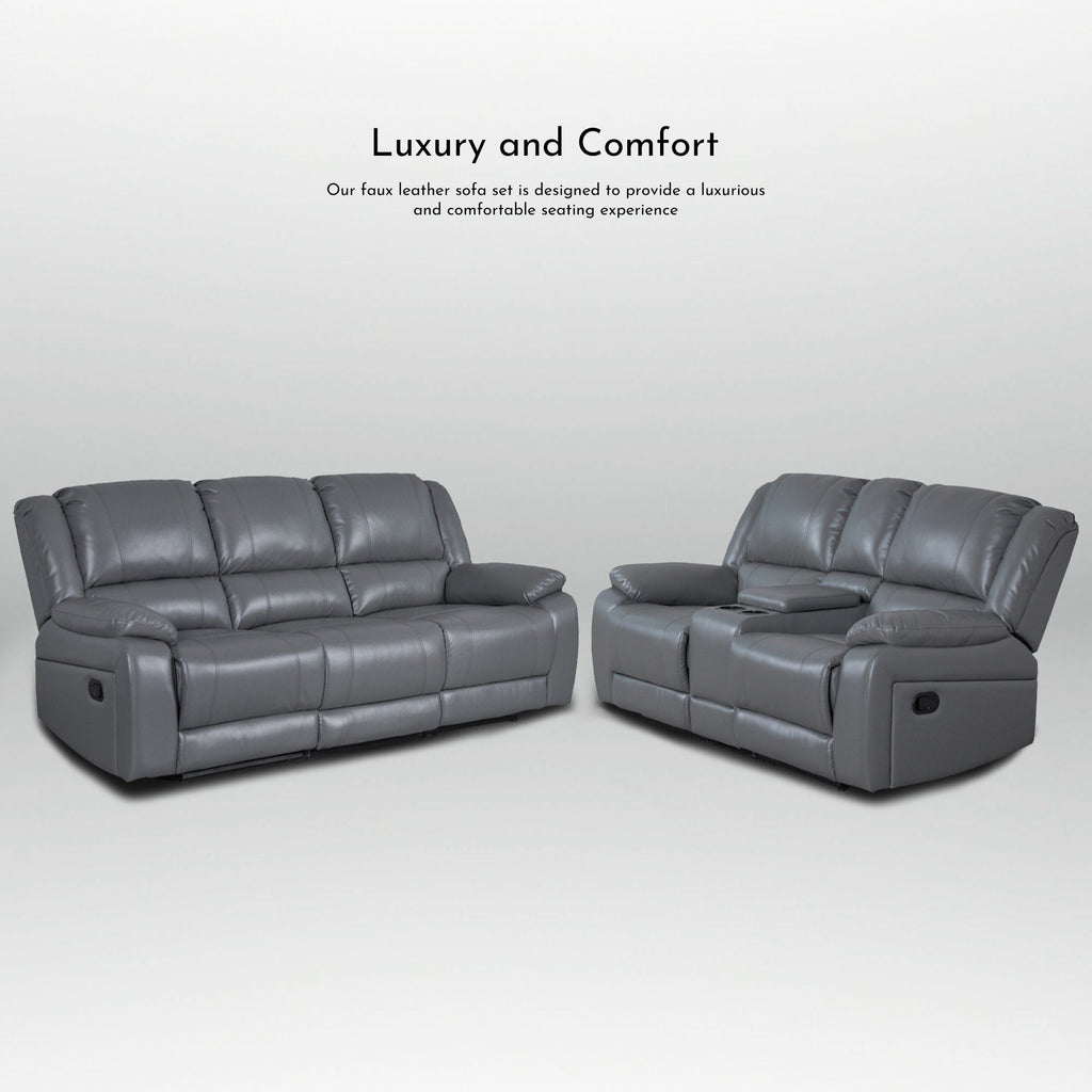 Ensemble de canapé de salon classique en simili cuir, inclinable manuellement, 2 pièces, avec console et porte-gobelets.