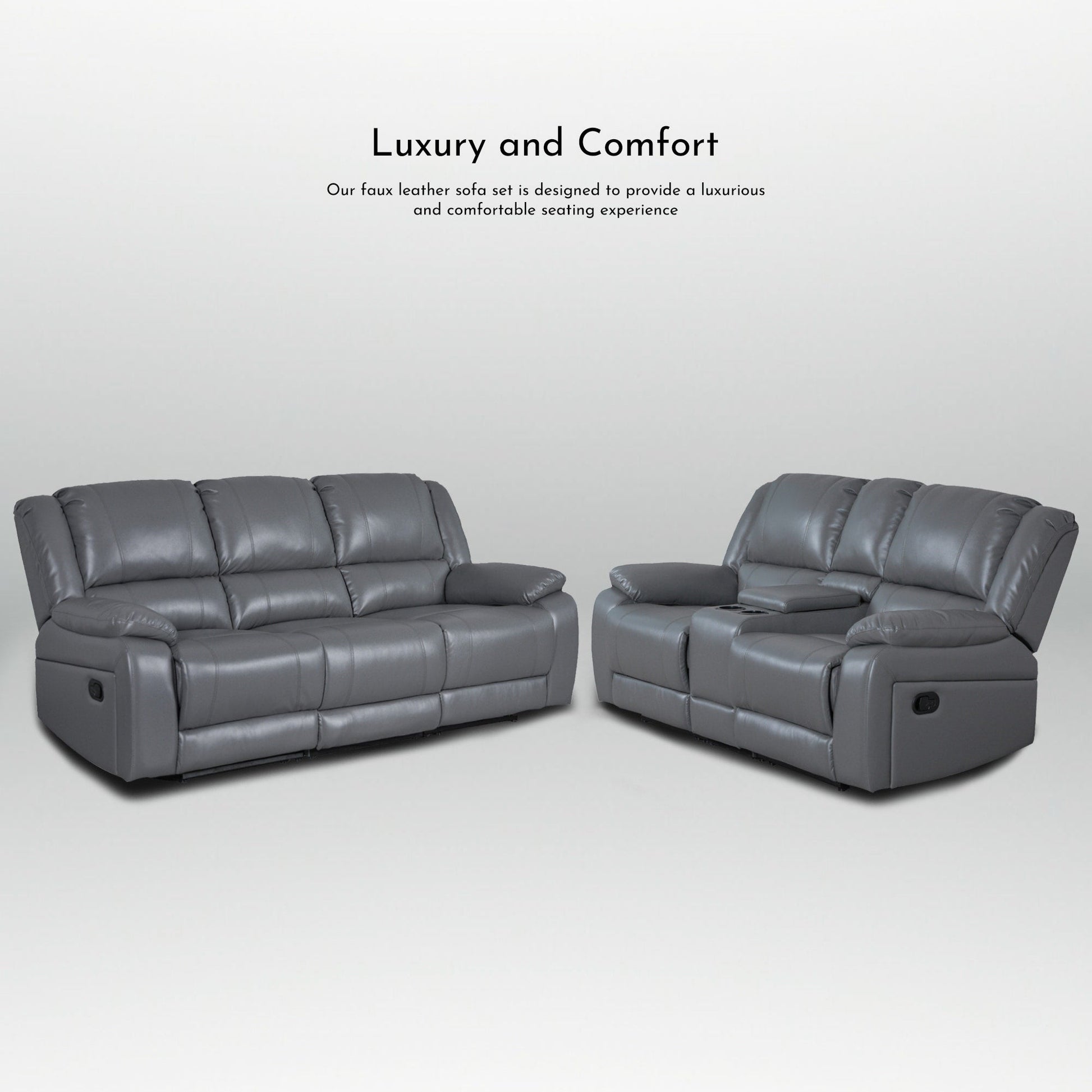 Ensemble de canapé de salon classique en simili cuir, inclinable manuellement, 2 pièces, avec console et porte-gobelets.